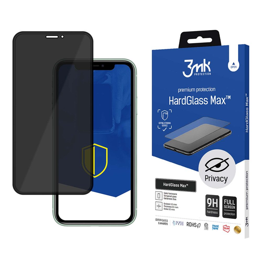3MK Displayschutzglas Panzerglas Sichtschutz für iPhone 11, Spar-Set, 1 Stück, 9H Härte, Blickschutz, Full-Screen, Anti-Crash-Folie