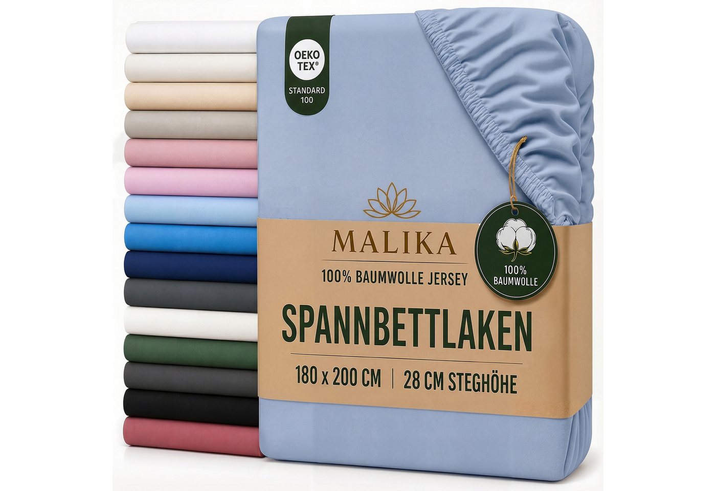 Malika Spannbettlaken aus 100% Baumwolle, 90-100x200, Blau, Jersey Baumwolle, Gummizug: Ja, (1 Stück), Allergikergeeignet, Pflegeleicht und Atmungsaktiv