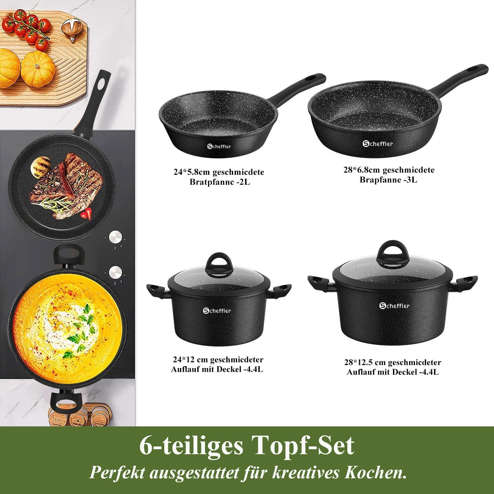 Scheffler Topf-Set Induktions Töpfe Set Schwarze Antihaftbeschichtung mit Glasdeckel, Aluminium (Set, 4-tlg., Ø24 4,4L/Ø28 6,5L Töpfe,24 5,8cm/28 6,8cm Pfanne), Induktionsgeeignet