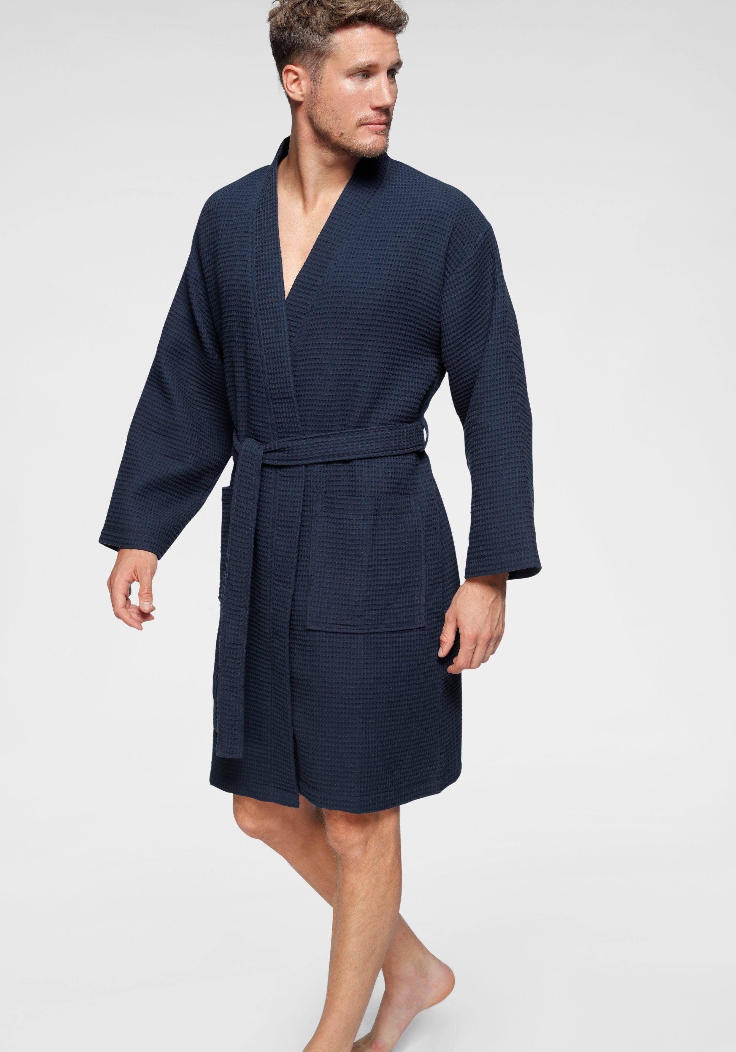 Waffelpiqué, Kimono-Kragen, mit Waffelpiqué, Unisex-Bademantel reine Damen Nora, Kimono-Kragen, XS-2XL andas Baumwolle, Gürtel, Kurzform, Herren navy &