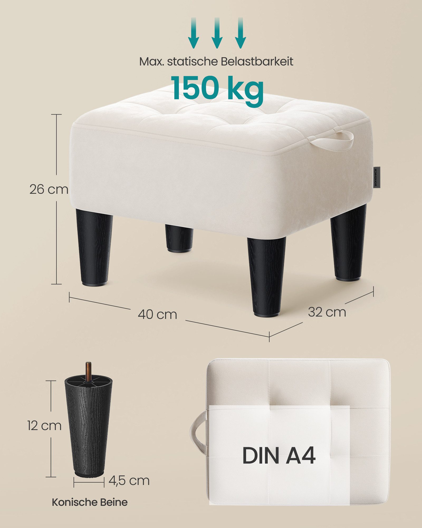 SONGMICS Sitzhocker Fußhocker, Samt, Hocker, dicke Polsterung, bis 150 kg belastbar