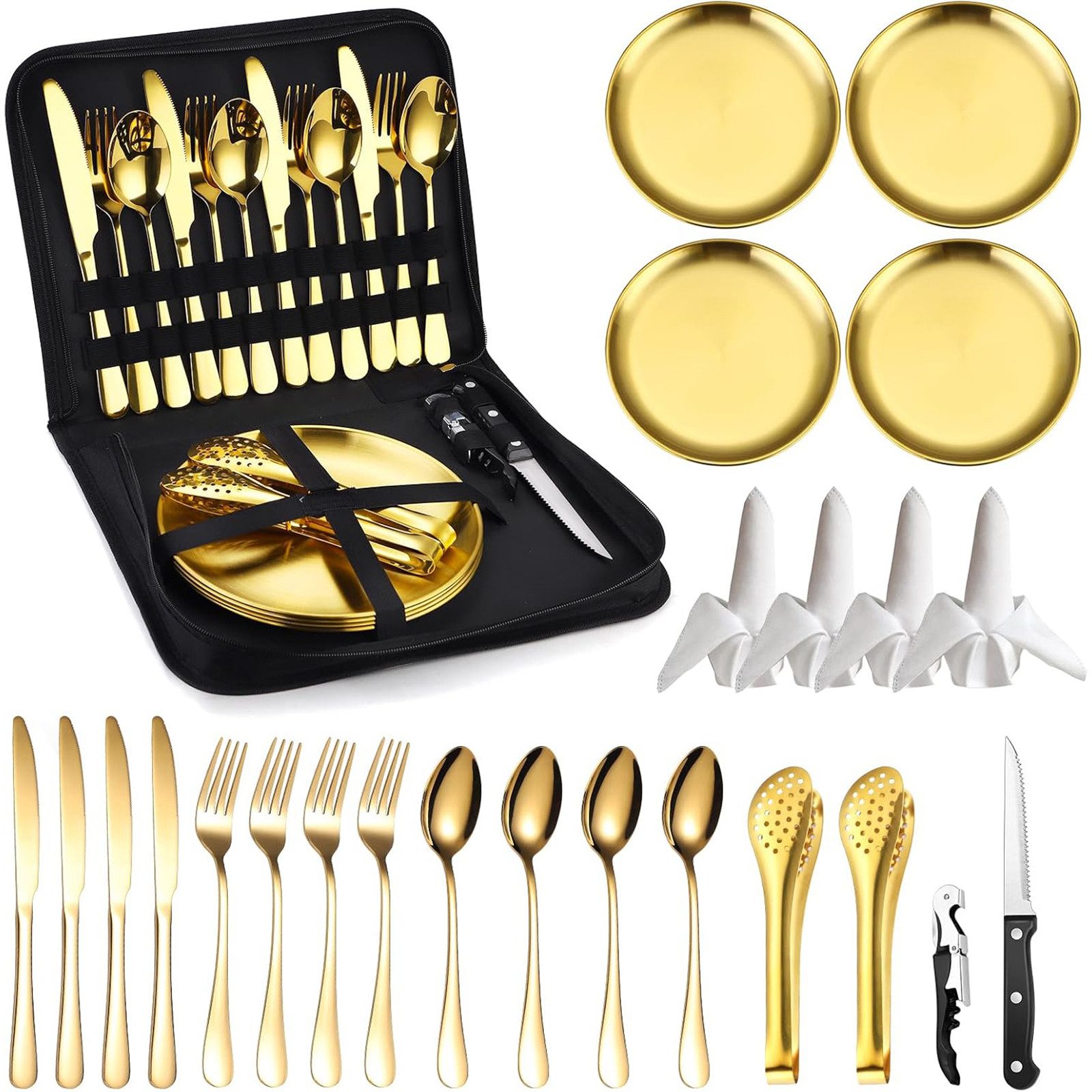 SURFOU Besteck-Set Camping Geschirr Set 4 Personen, 24 Stück Camping Besteck Set, 4 Personen, Besteck Camping mit Löffel Gabel Messer Teller Clip für Camping,Reisen