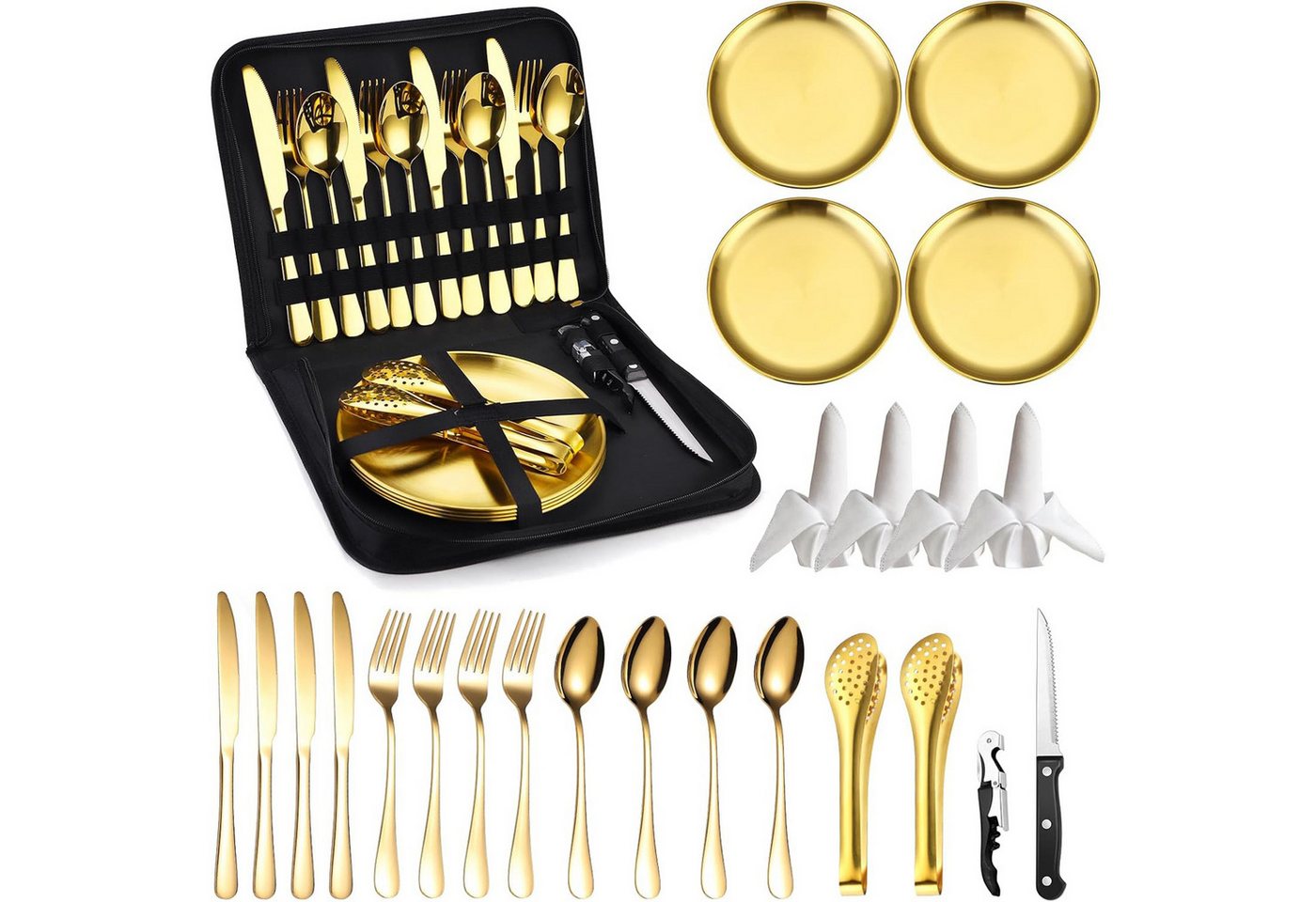 SURFOU Besteck-Set Camping Geschirr Set 4 Personen, 24 Stück Camping Besteck Set, 4 Personen, Besteck Camping mit Löffel Gabel Messer Teller Clip für Camping,Reisen