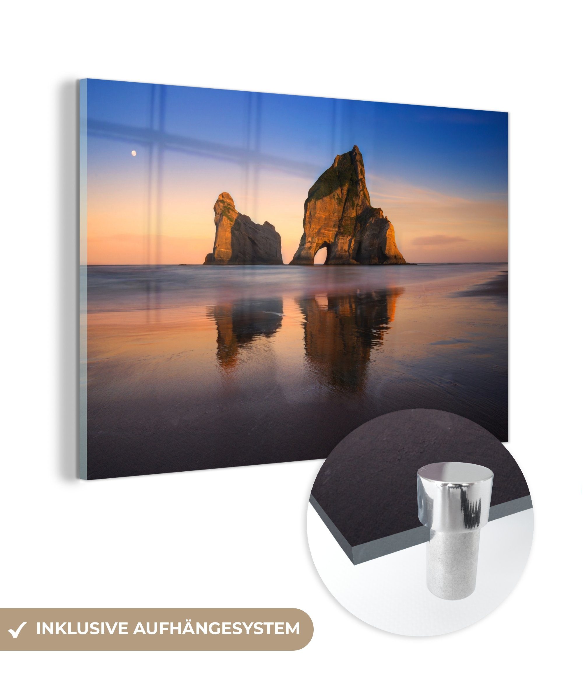 Sonnenaufgang Acrylglasbild Neuseeland, Acrylglasbilder MuchoWow Wohnzimmer (1 Wharariki St), Schlafzimmer Beach in & über