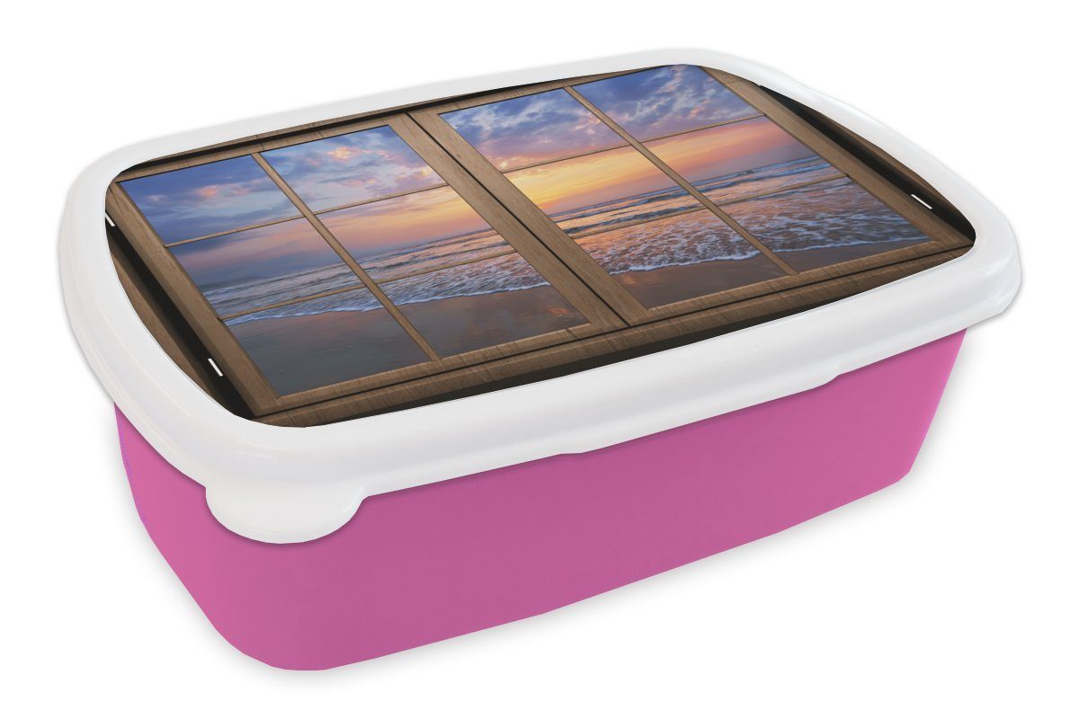MuchoWow Lunchbox Aussicht - Brotdose für Brotbox Kinder, Meer, Mädchen, Strand Erwachsene, (2-tlg), Kunststoff Kunststoff, Snackbox, rosa 