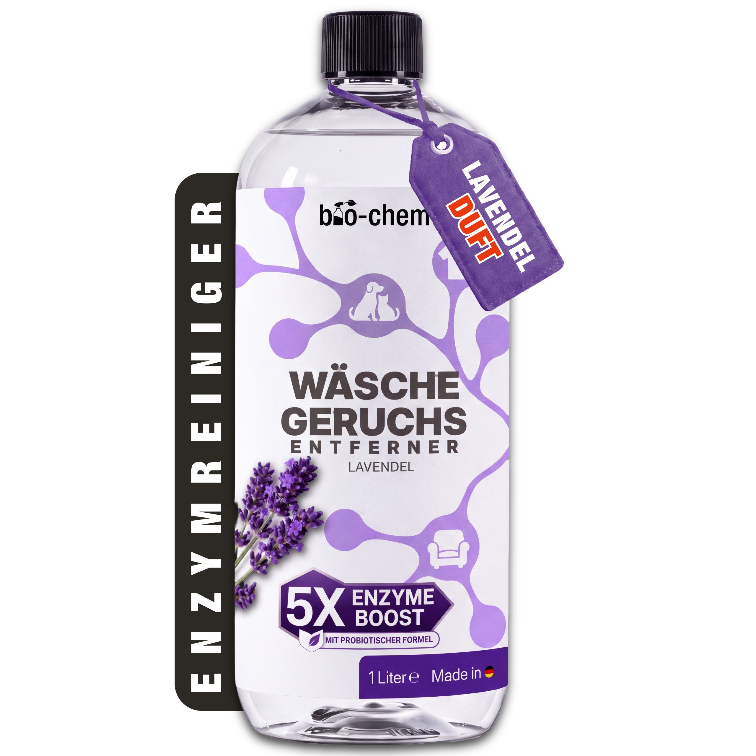 bio-chem Wäsche Geruchsentferner Enzymreiniger Waschmittel-Zusatz 1 L Lavendel Spezialwaschmittel (1 Liter je Flasche, Bis zu 20 Anwendungen je Flasche Premiumduft Lavendel: Klassisch beruhigend, ideal für Tierhaushalte)