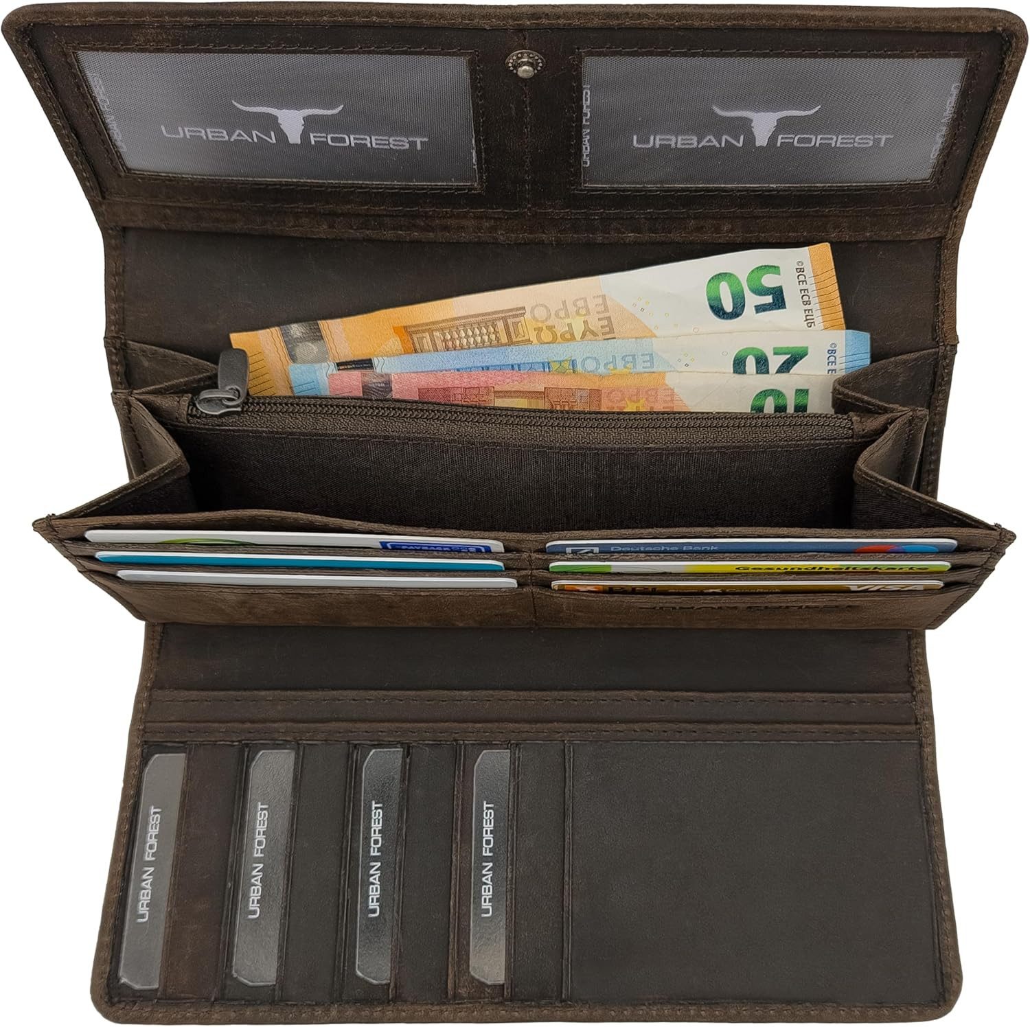 URBAN FOREST Geldbörse Damen Geldbörse lang aus 100% Leder Reißverschluss & Kartenfächer