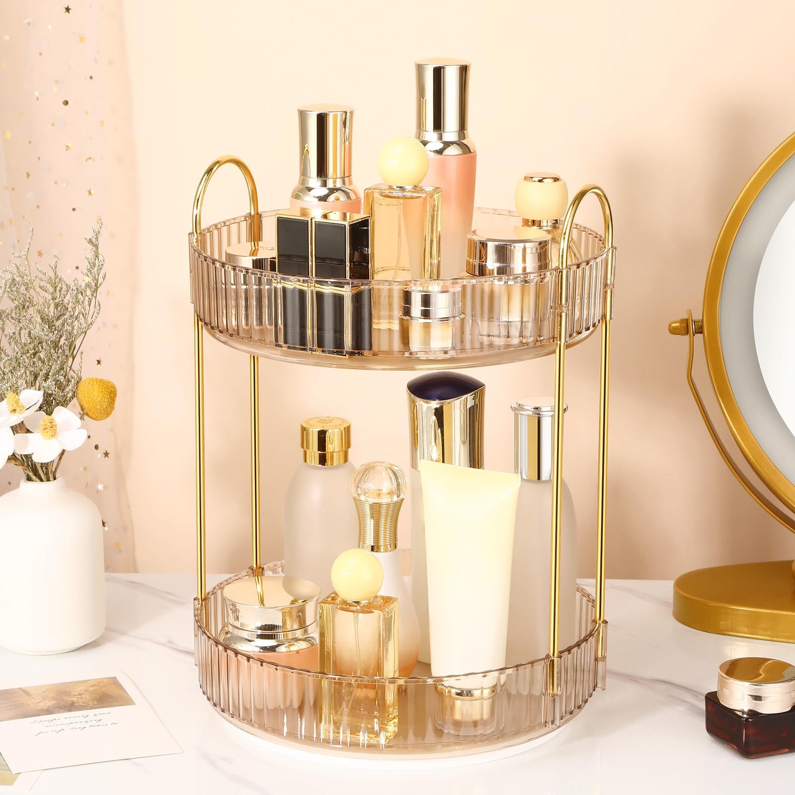BlingBin Organizer 360° Drehbarer Make-up Organizer mit 2 Ebenen Kosmetik Aufbewahrung (1er Set, 1 St., Doppellagiger Kosmetik Organizer), Badezimmer Organizer mit großer Kapazität für Parfüm,Skincare,Kosmetik