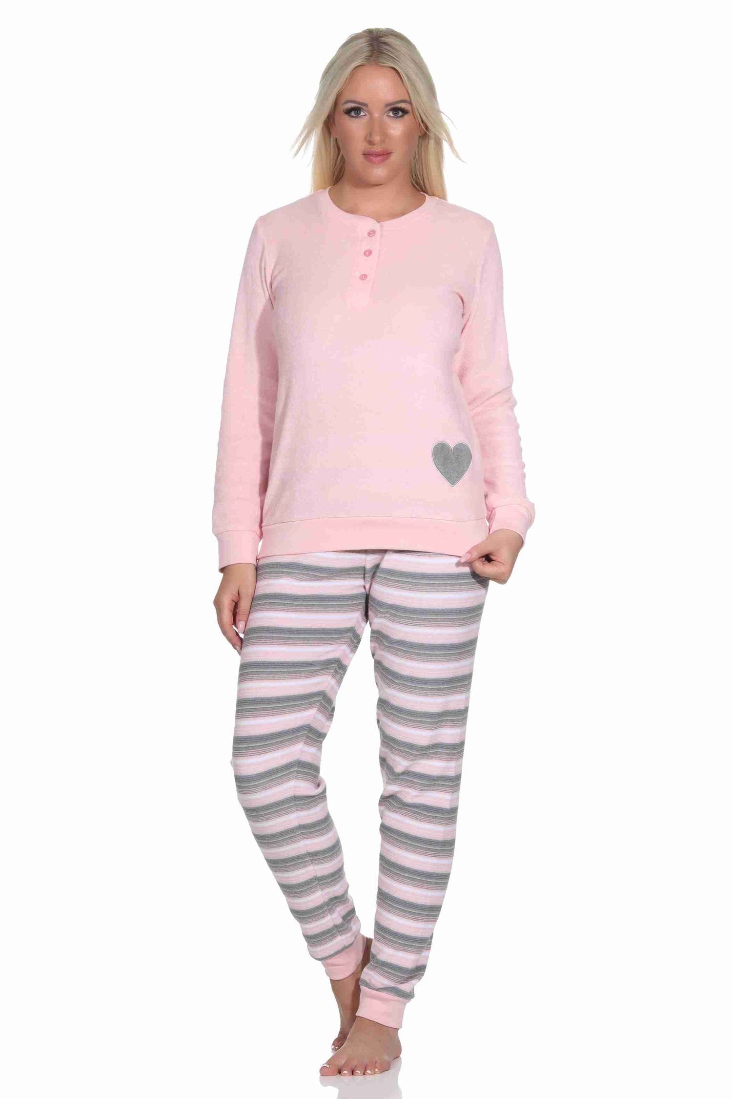 Normann Pyjama Wunderschöner Damen Frottee Schlafanzug mit Bündchen und Herz-Motiv rosa