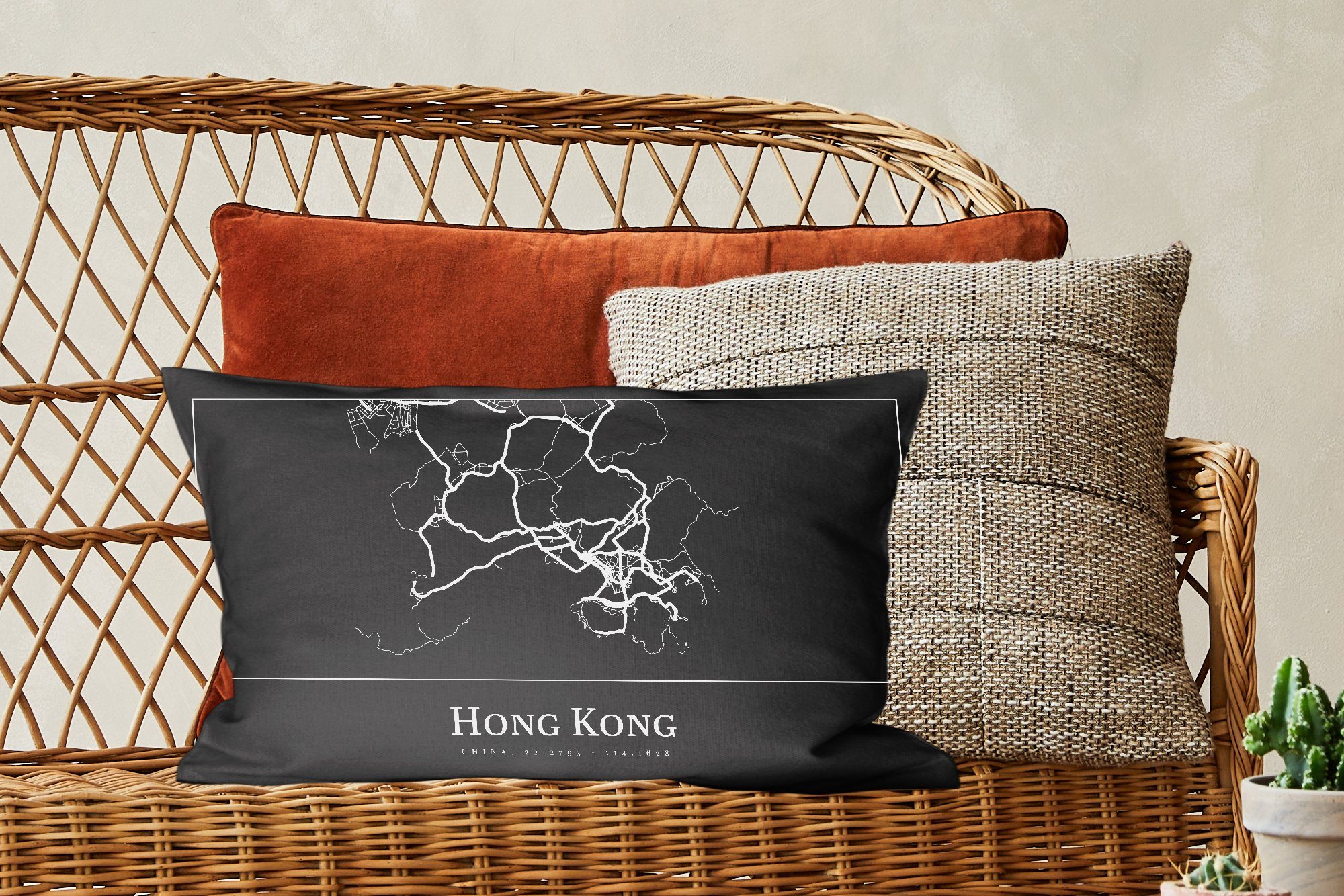 MuchoWow Dekokissen Hongkong - Schlafzimmer Füllung, Dekoration, Karte Zierkissen, - Stadtplan mit Dekokissen - Wohzimmer Routenbeschreibung