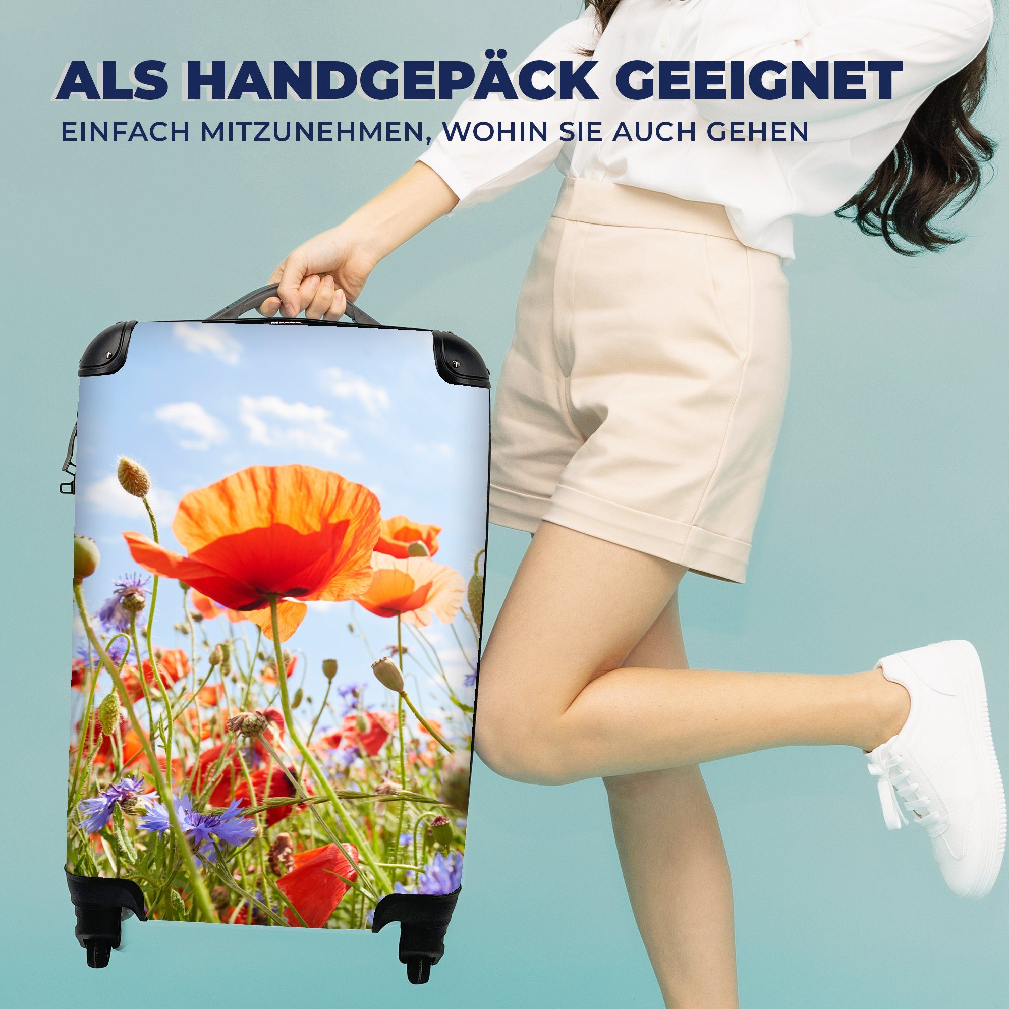 mit 4 - rollen, Blau, MuchoWow Natur Blumen Trolley, - Handgepäck Handgepäckkoffer Rot Reisekoffer - für Mohn Reisetasche - Ferien, Frühling - Rollen,