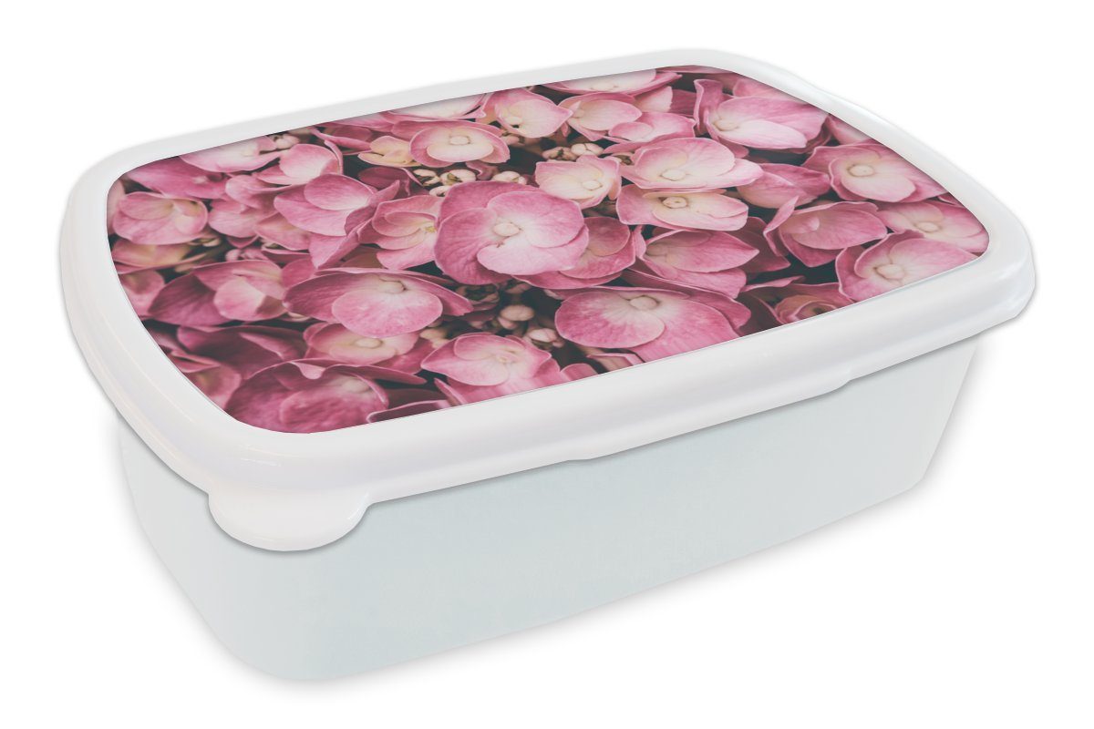 MuchoWow Lunchbox Nahaufnahme rosa Hortensien, Kunststoff, (2-tlg), Brotbox für Kinder und Erwachsene, Brotdose, für Jungs und Mädchen weiß