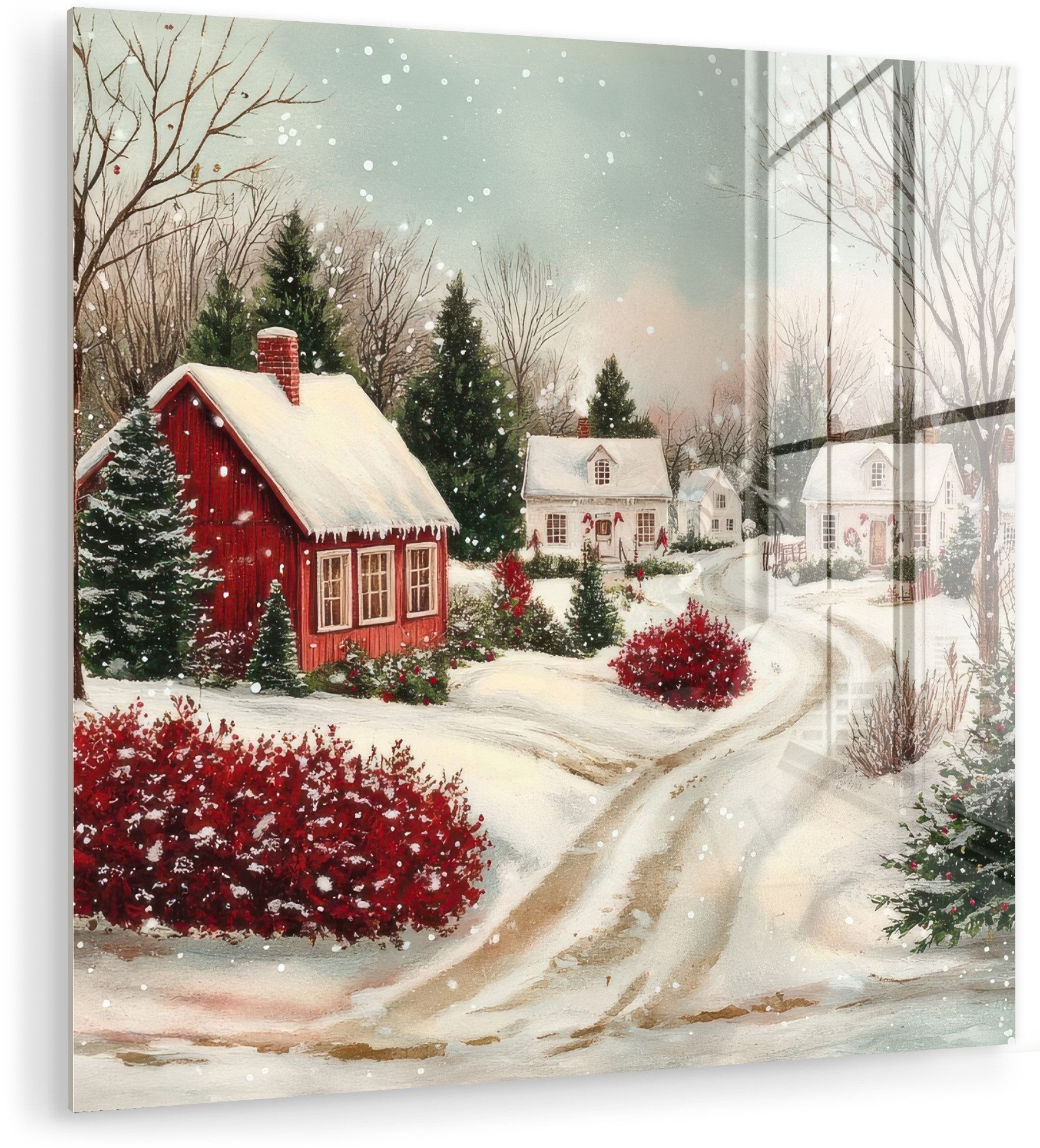 MuchoWow Acrylglasbild Weihnachtsstimmung - Ländlich - Rot, Inkl. Aufhängung, Bilder auf Glas Wandbild, Wanddeko Wohnzimmer Badezimmer, 20x20 cm