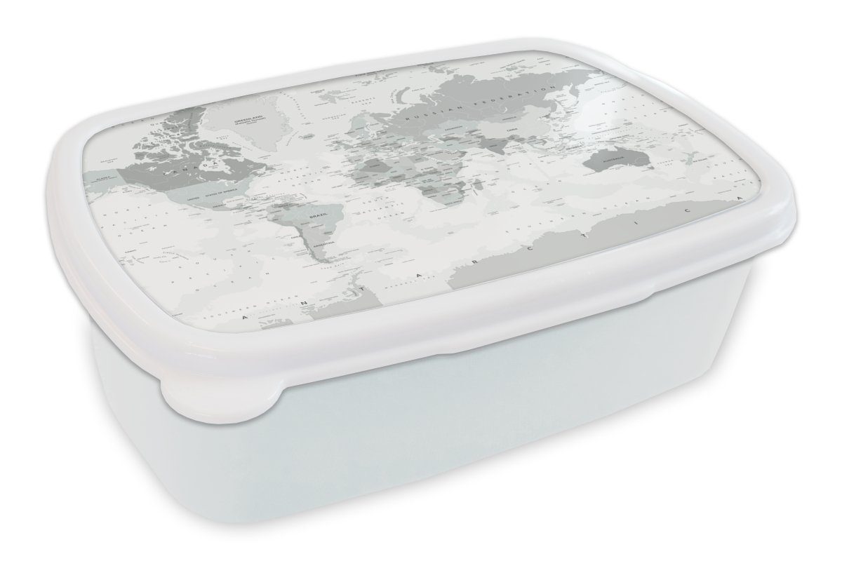 MuchoWow Lunchbox Weltkarte - Weiß - Grau - Erde, Kunststoff, (2-tlg), Brotbox für Kinder und Erwachsene, Brotdose, für Jungs und Mädchen