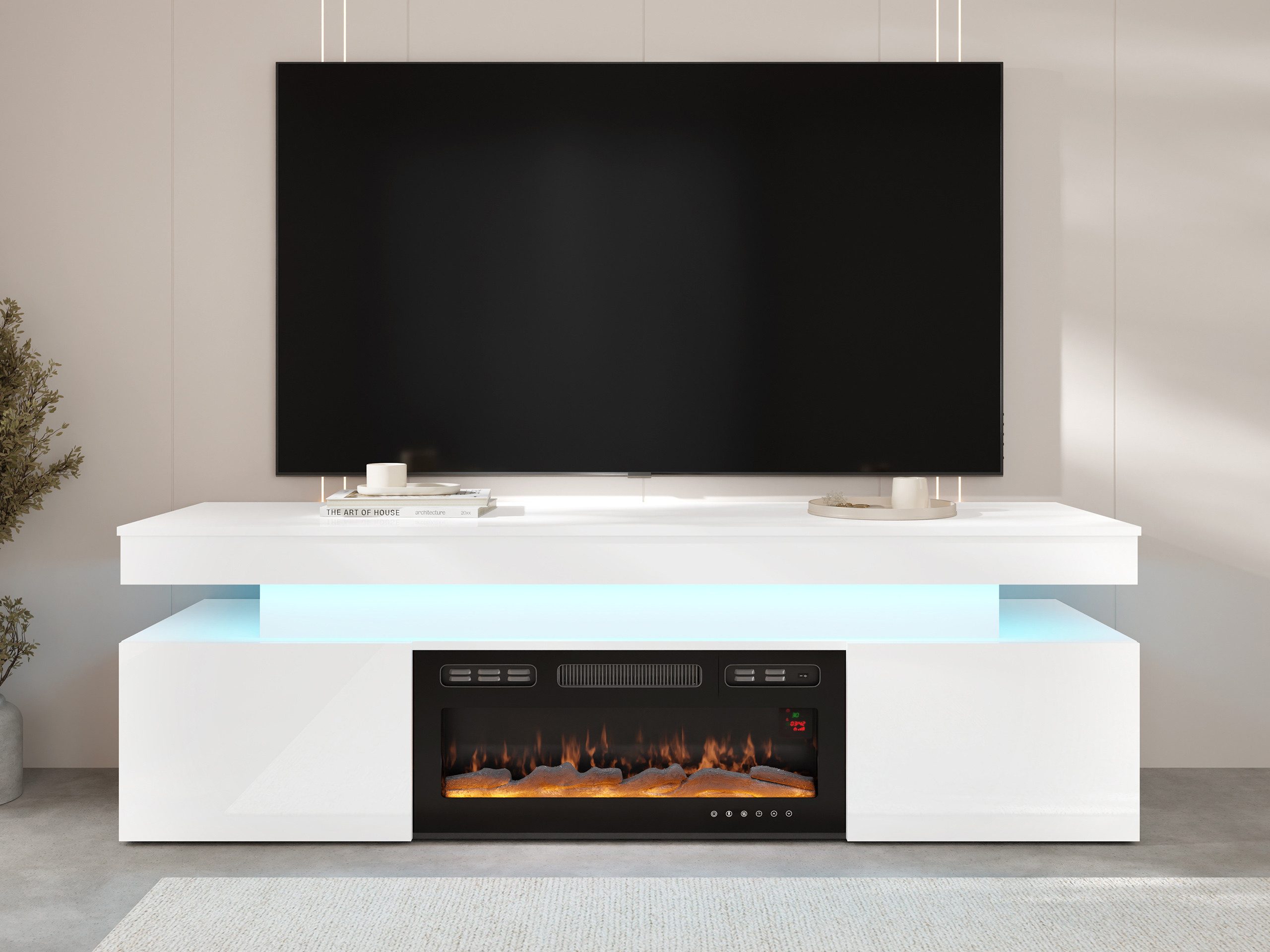 MIRJAN24 TV-Schrank EF 2D Glossa mit Kamin (mit zwei Drehtüren) mit blauer LED-Beleuchtung, Realistische LED-Flamme – Bild 2 von 5