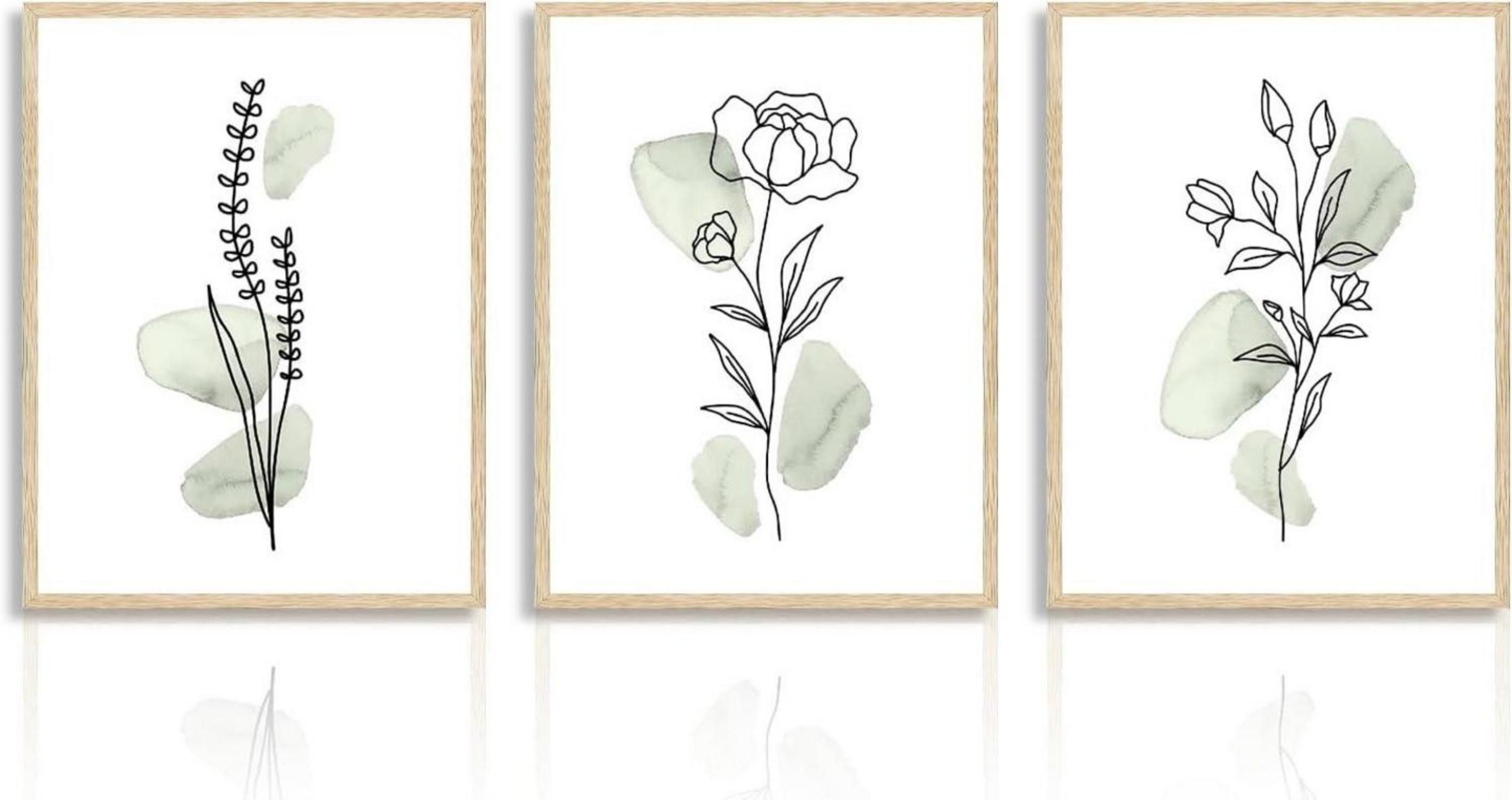 Dazzlewall Leinwandbild Abstrakte Botanische Wandbilder Minimalistisch Salbei Grün 30x40cm 3er