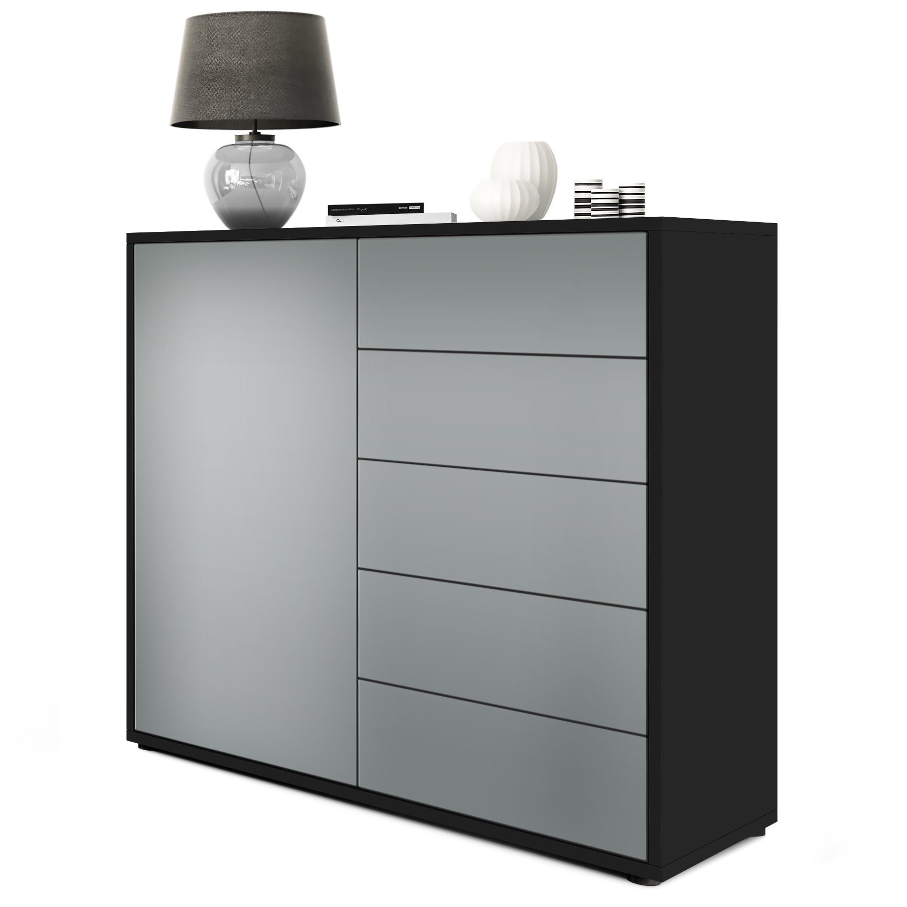 Vladon Kommode Ben V2 (Kommode, mit 1 Tür und 5 Schubladen), Schwarz matt/Graphit Seidenmatt (79 x 74 x 36 cm)
