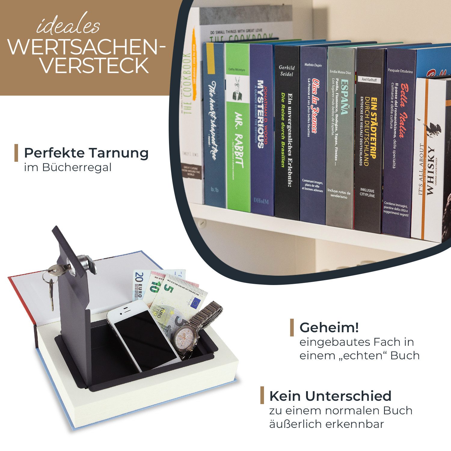 HMF Buchtresor getarnter Buchsafe für zuhause, innovatives Geheimversteck für Wertsachen, 23 x 15 x 4 cm