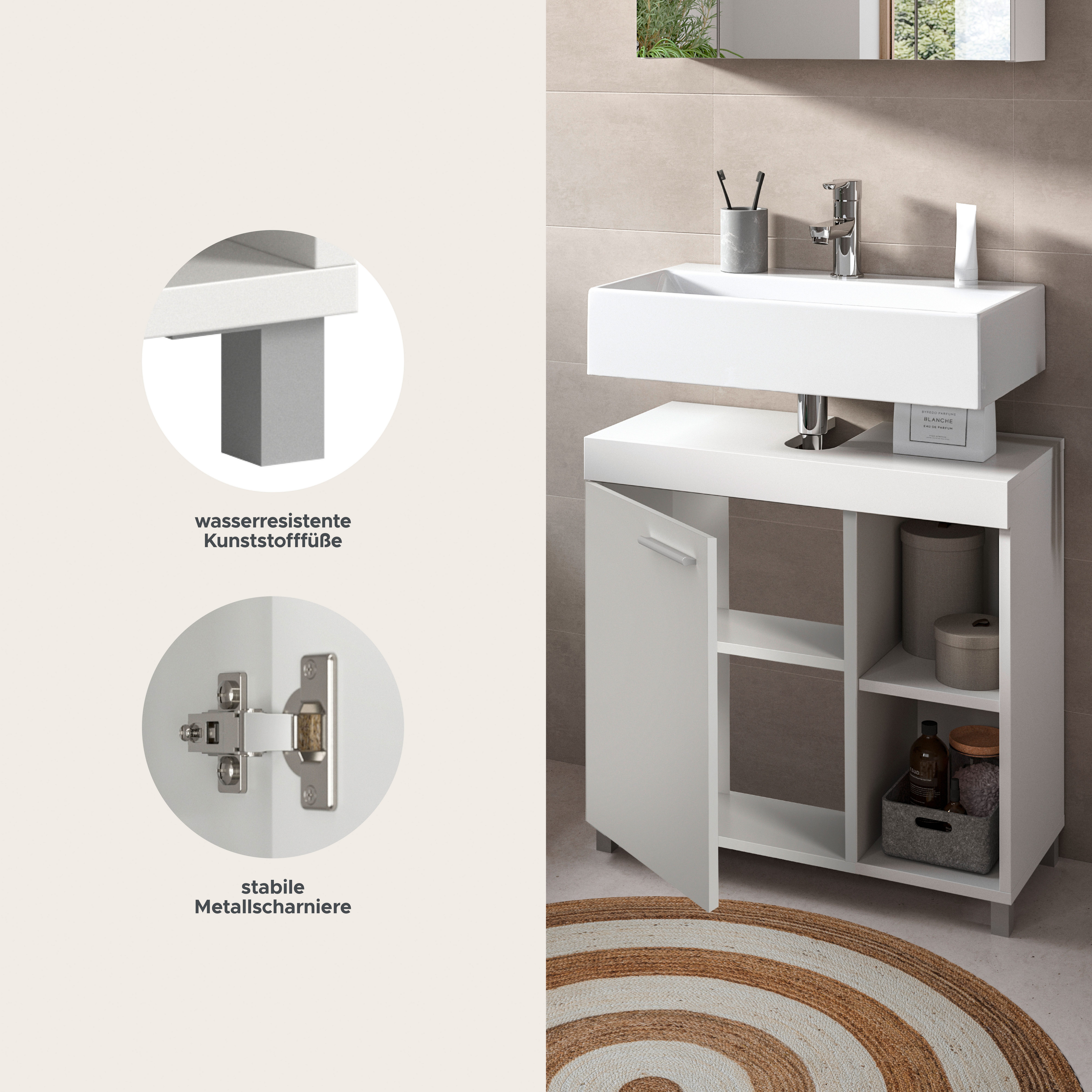 welltime Waschbeckenunterschrank HANO, Badezimmer, WBU, Waschtisch, Kommode, Unterschrank (in 2 verschiedenen Farben und 2 verschiedenen Ausstattungen erhältlich) 1 Tür, 2 höhenverstellbare E-Böden, 4 Fächer, mit Siphonausschnitt