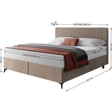 Beautysofa Bett Wave (Polsterbett 140 / 160 / 180 cm, Doppelbett mit Matrtatze und Topper), inkl. Bettkasten, Taschenmatratze, Holzrahmen