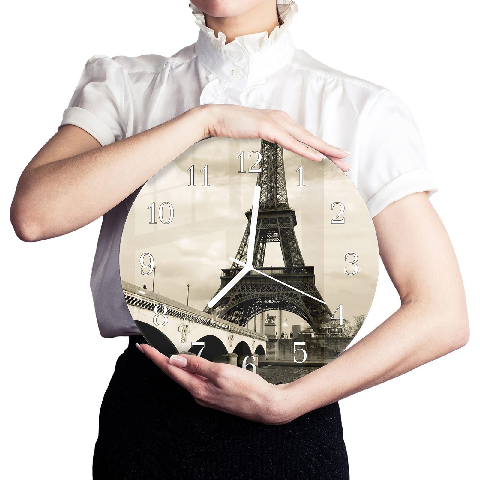 Primedeco Wanduhr Wanduhr und Eiffelturm mit Motiv Durchmesser - Quarzuhrwerk 30 mystisch Rund cm aus Glas mit