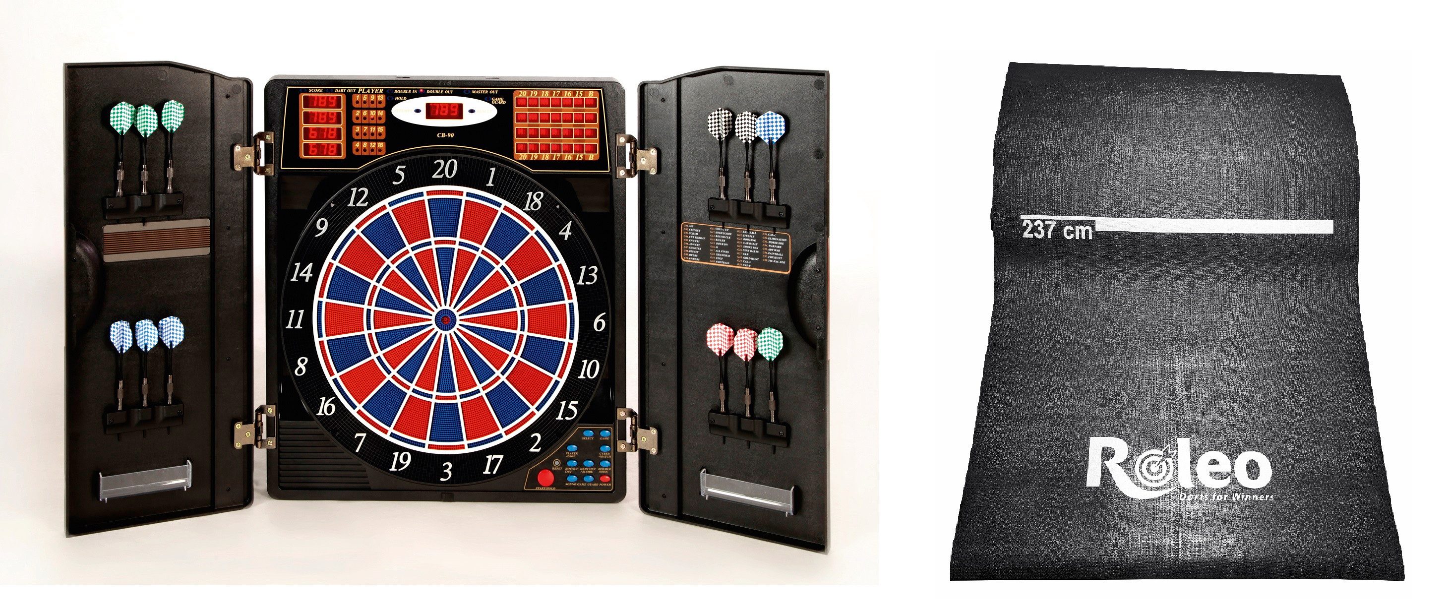 Dartscheibe E-Dartscheibe Karella CB 90 + Roleo Dartmatte mit Wurflinie