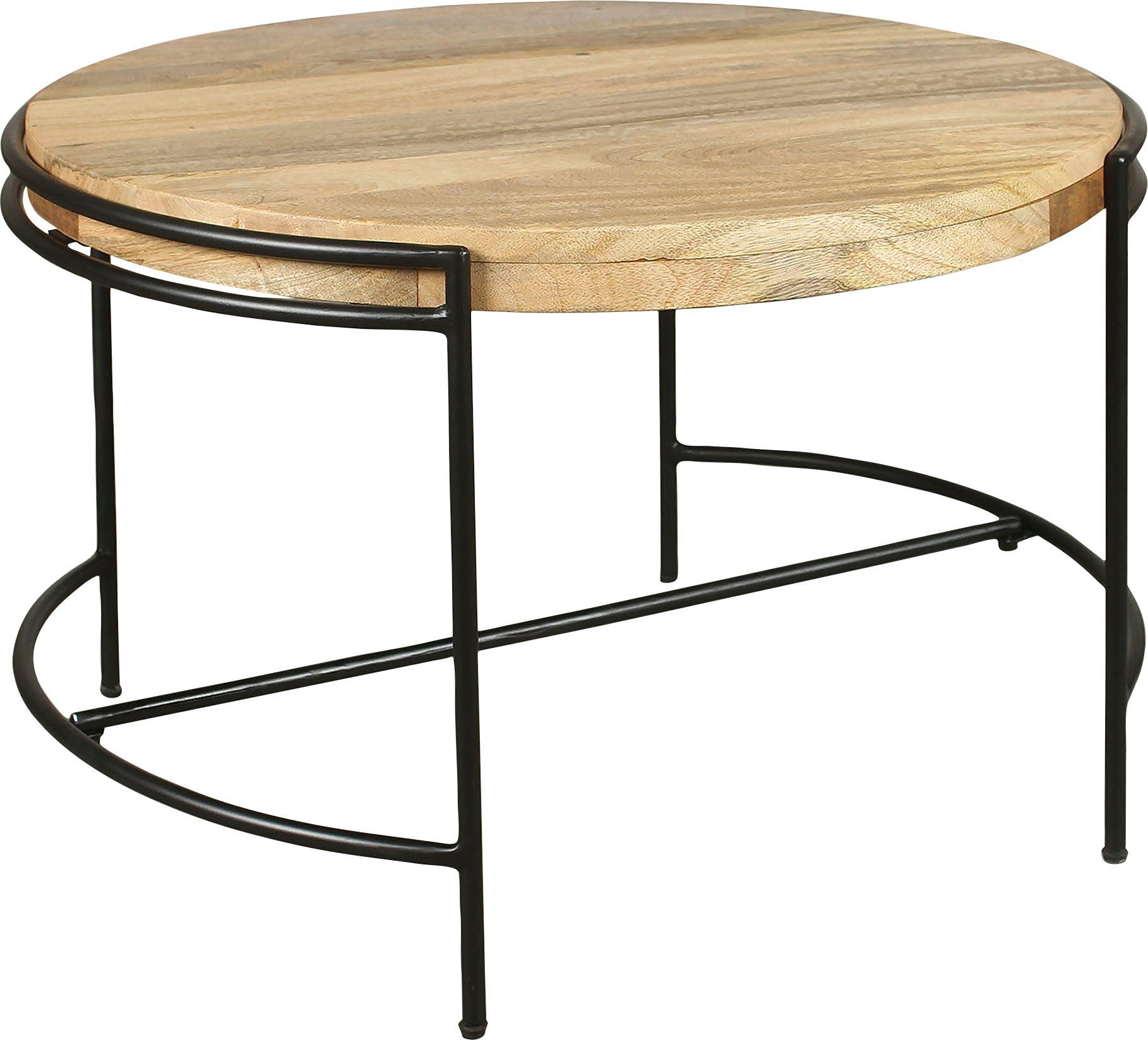 byLIVING Couchtisch Hanna, massive Mango Tischplatte 35mm und schwarzen Metallbeinen, rund 60cm