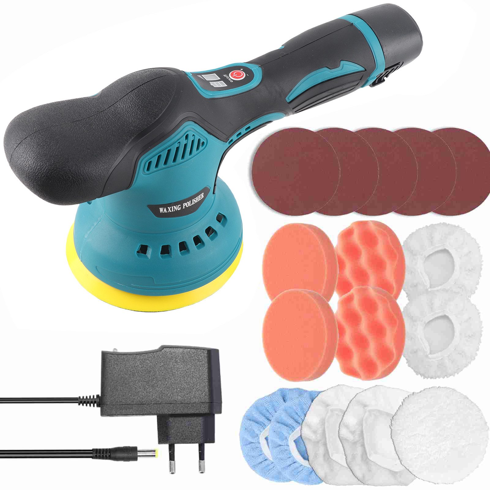 GARRYFIZH Akku-Poliermaschine Akku-Exzenterpoliermaschine 12V 125mm Auto Polierer Set mit EU-Stecker, 2800 min. U/min, 5500 max. U/min, Ø 125 mm, 380 W Hochleistungsmotor aus Kupfer, Drehzahl: 2800-5500 U/min