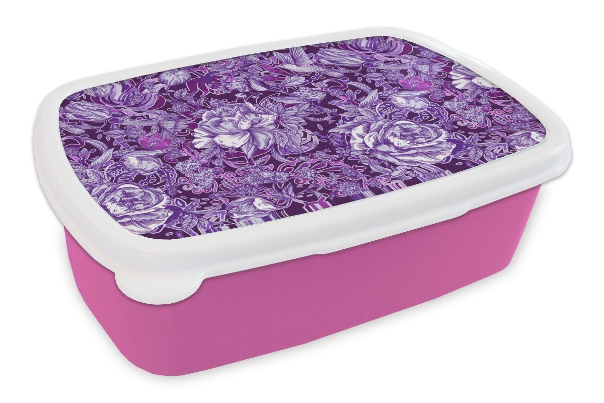 MuchoWow Lunchbox Kolibri - Rosen - Lila, Kunststoff, (2-tlg), Brotbox für Erwachsene, Brotdose Kinder, Snackbox, Mädchen, Kunststoff rosa