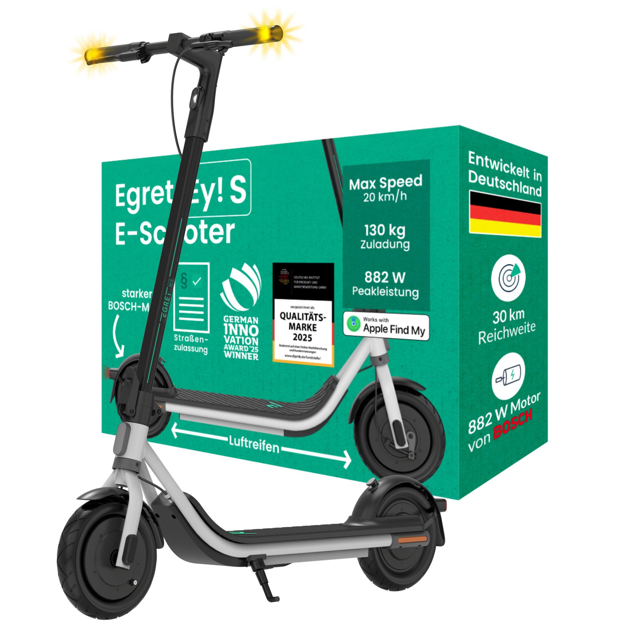 Egret E-Scooter Ey! 1,2,3,6,S mit Straßenzulassung, Blinker, 20 km/h, 30-65 km Reichweite, Entwicklung & Service aus Deutschland
