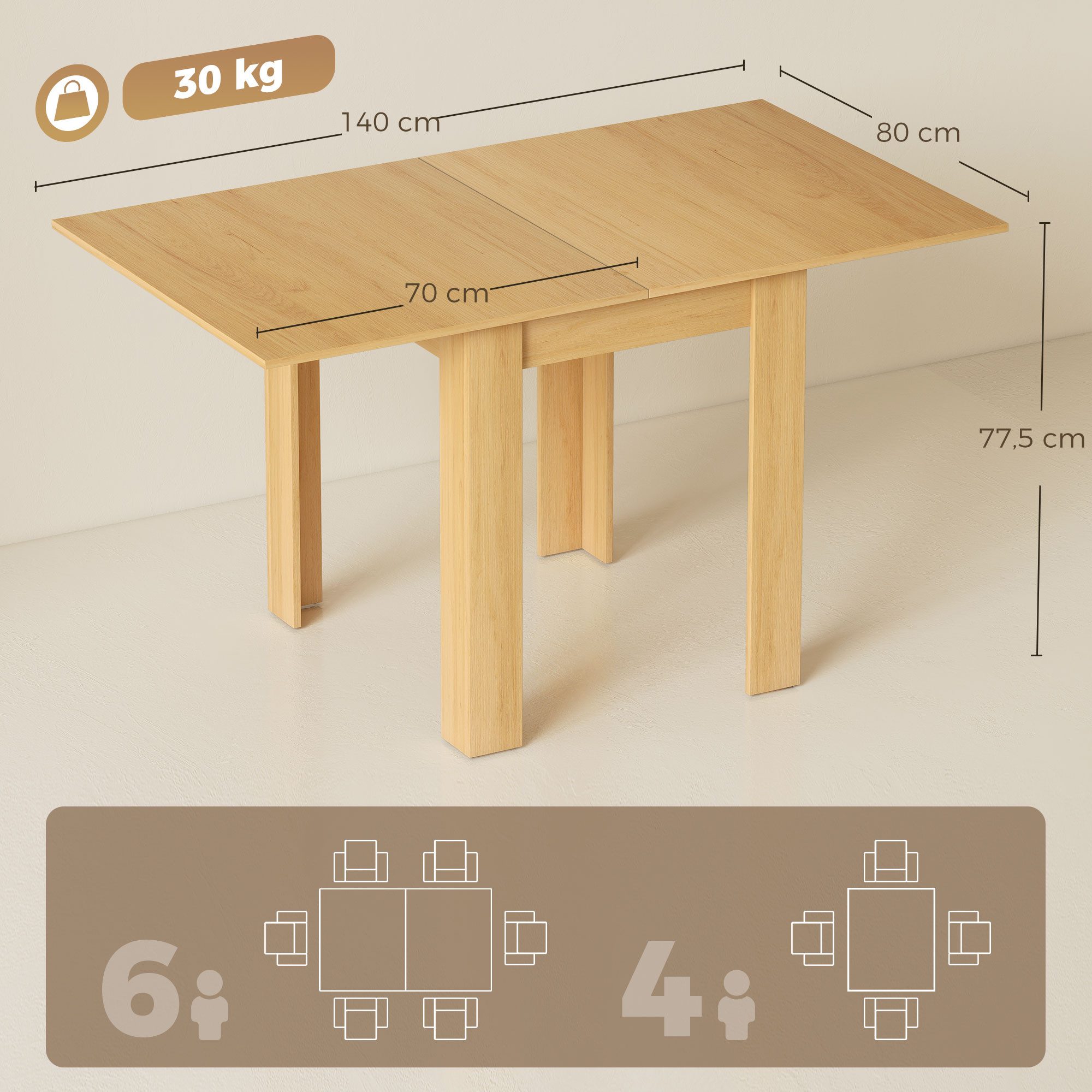 HOMCOM Esstisch Rechteckiger Esszimmertisch Küchentisch für 4–6 Personen (Set, 1-St., 1 Tisch), Klapp- und Ausziehfunktion, Breite 140 cm – Bild 3 von 5