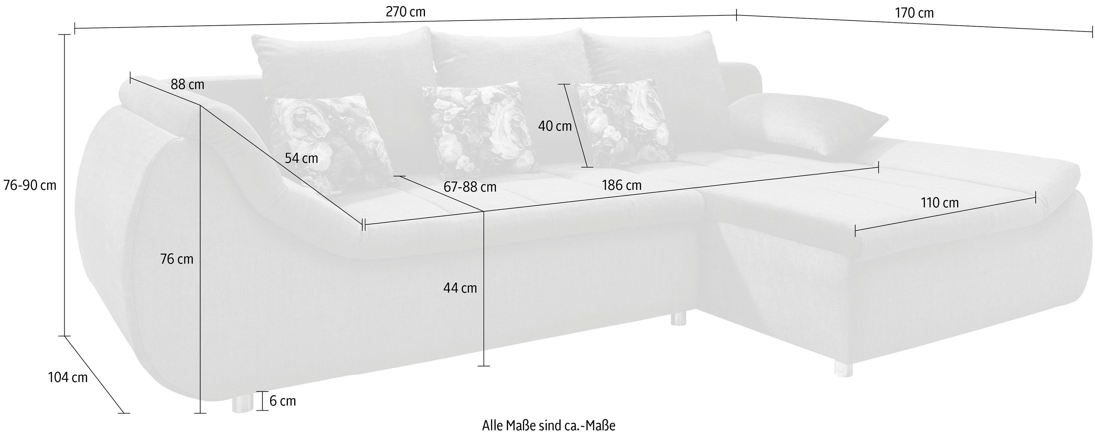 Home affaire Ecksofa Imola elegant, Breite 270cm, moderne Sitzsteppung, bequem, L-Form, auch mit Bettfunktion und Bettkasten