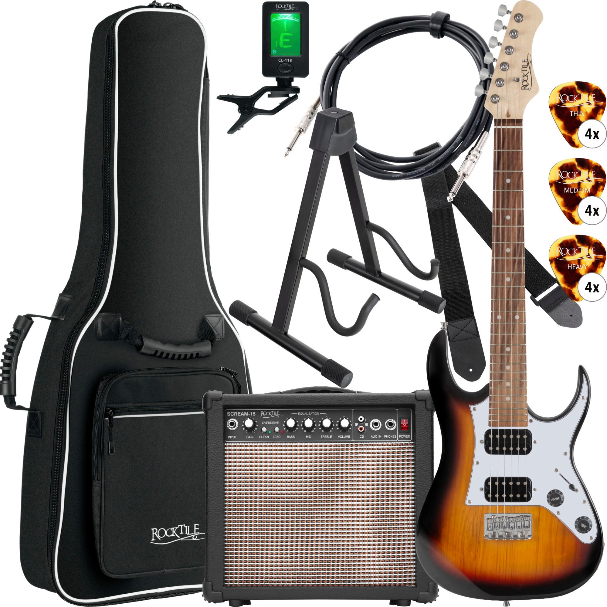 Rocktile E-Gitarre Youngster YS-1SB 3/4 E-Gitarren-Starter-Set Sunburst, Spar-Set, 8-St., 3/4 E-Gitarren-Starter-Set in Sunburst