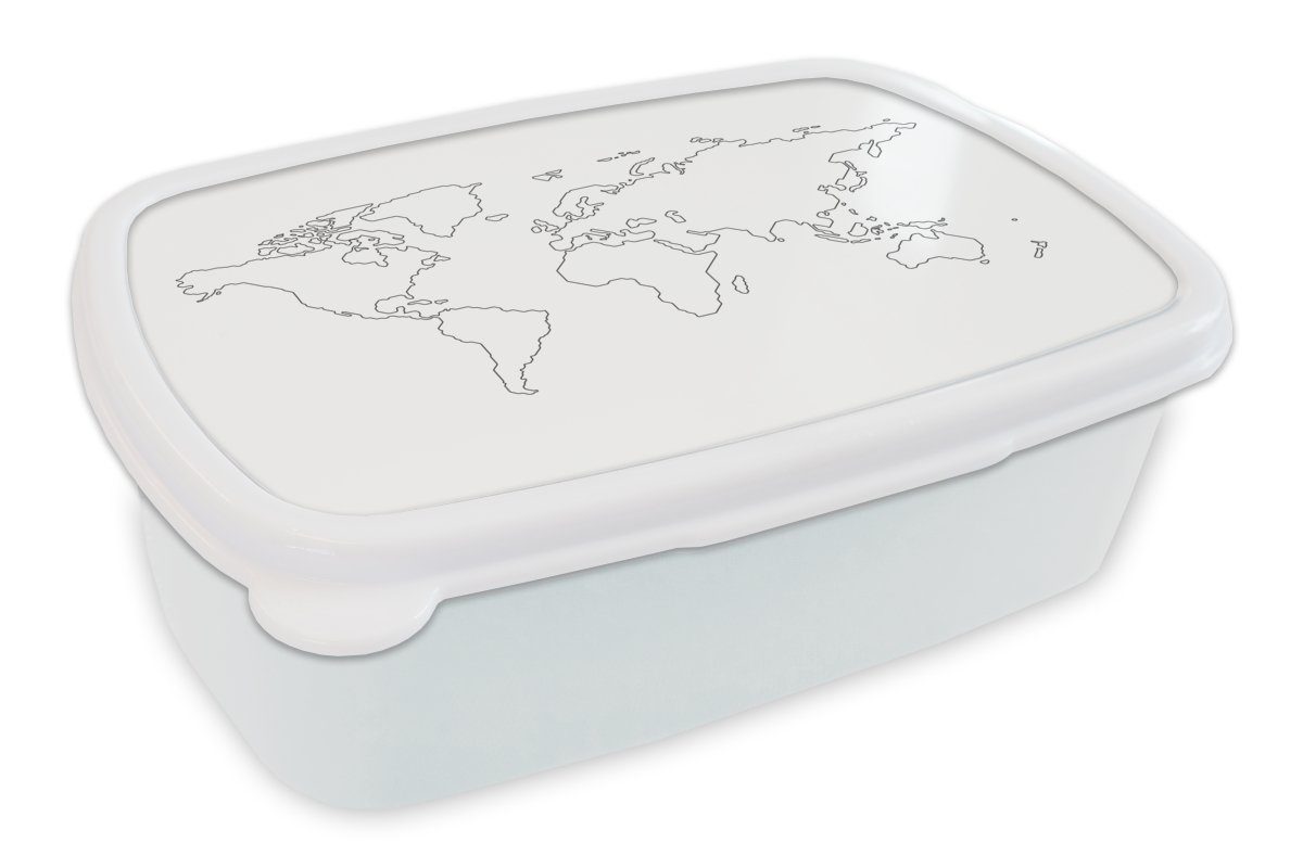 MuchoWow Lunchbox Weltkarte - Einfach - Schwarz - Weiß, Kunststoff, (2-tlg), Brotbox für Kinder und Erwachsene, Brotdose, für Jungs und Mädchen