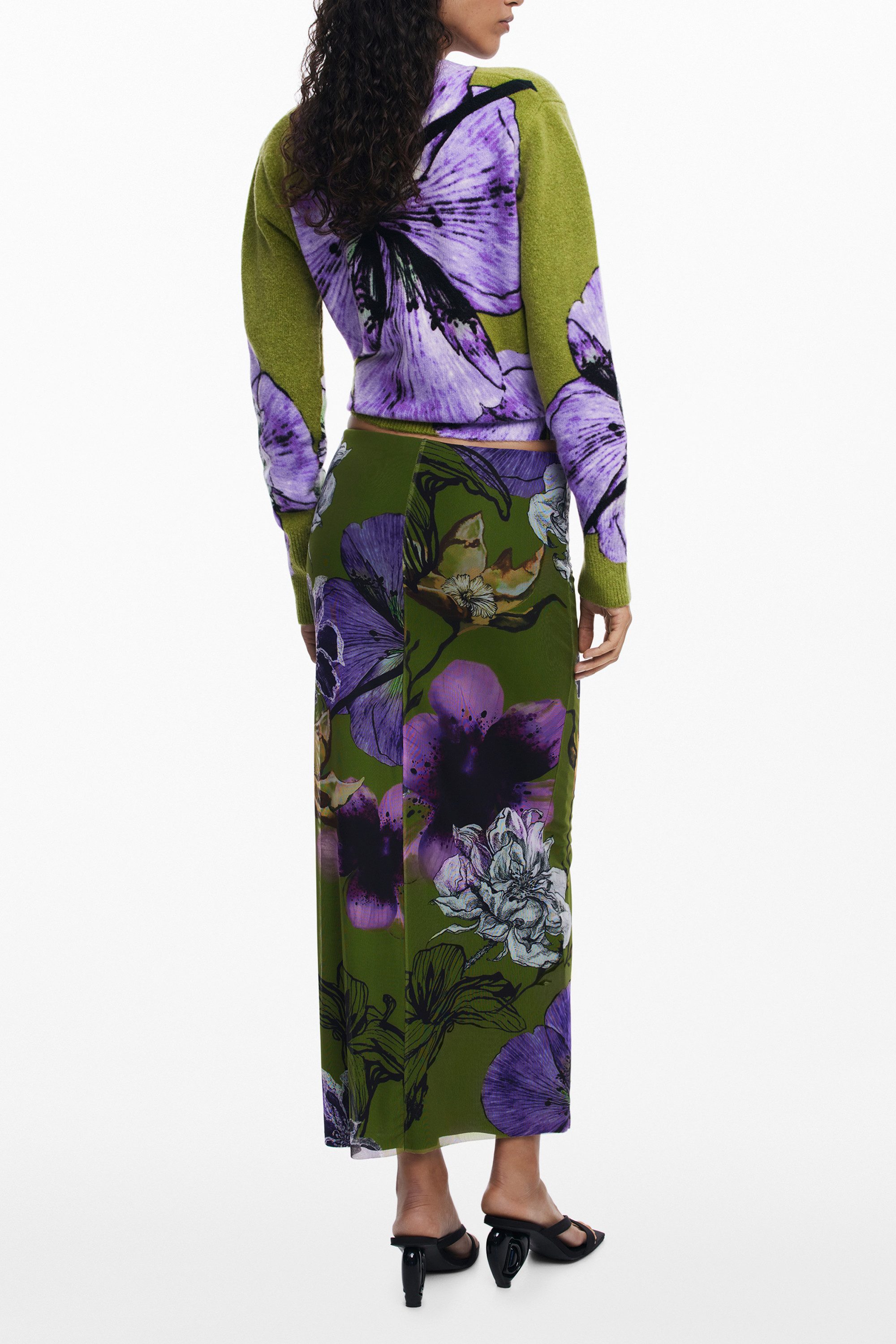 Desigual Jerseyrock Grüner langer Damenrock mit Tüllblumen & Kontrastdetail günstig online kaufen