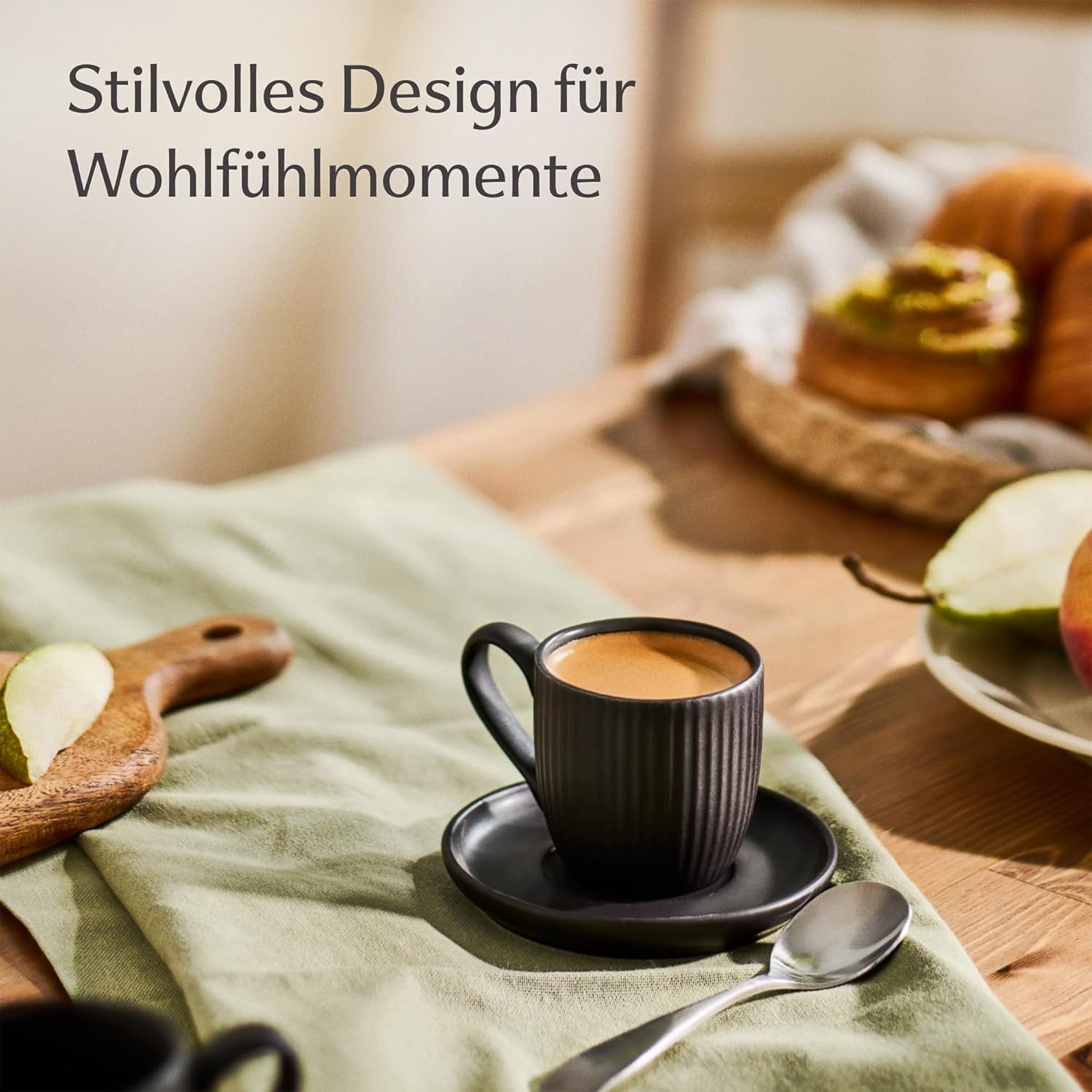 Cosumy Espressotasse Espressotassen Set 6er Schwarz Matt 90 ml mit Untertassen Mokkatassen, 12-tlg., Keramik, Handgefertigt, dickwandig, spülmaschinen- & mikrow – Bild 3 von 5
