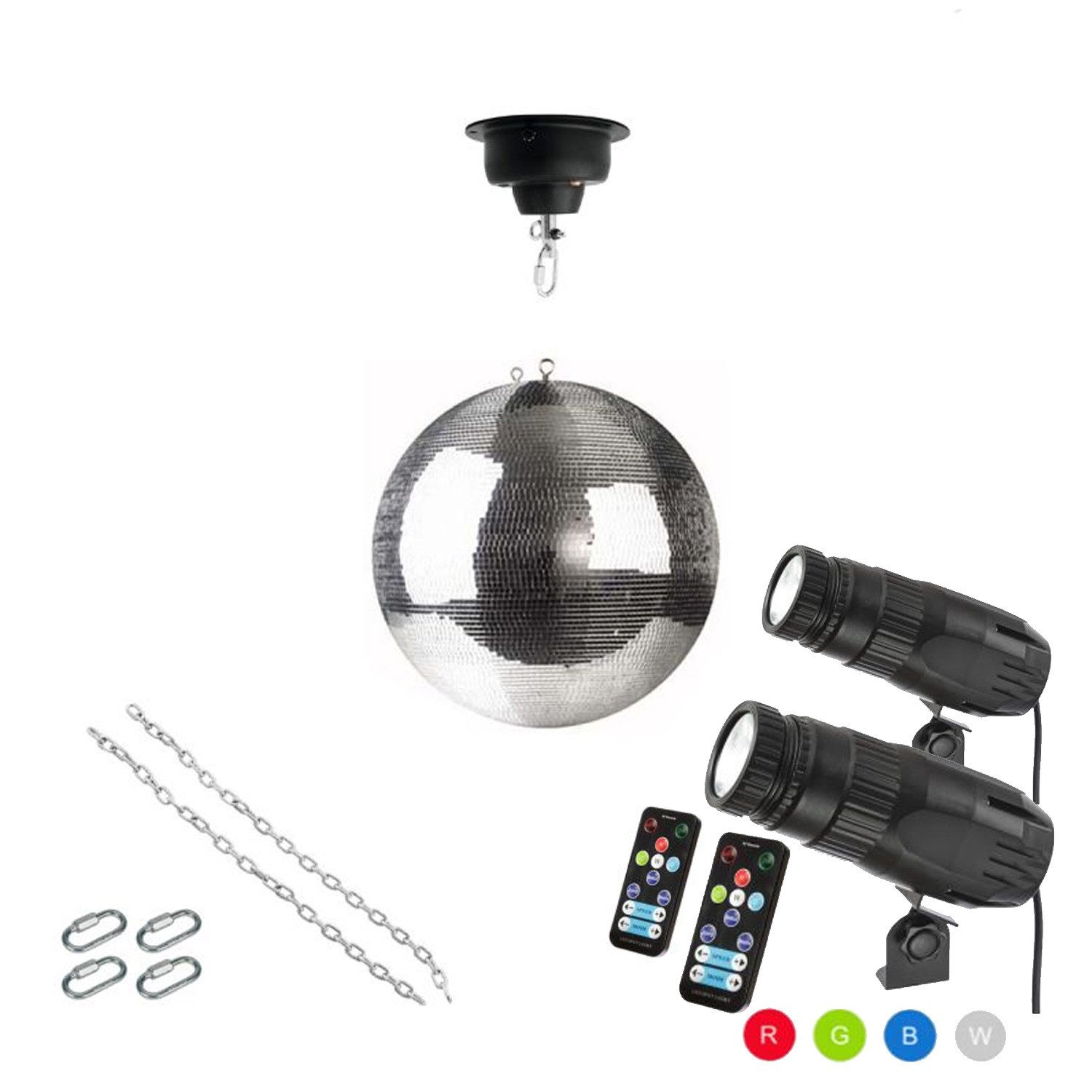 SATISFIRE Discolicht Spiegelkugel Komplettset 30cm Discokugel mit Motor 2x 15W RGBW Pinspot, RGBW (rot, grün, blau, weiss)