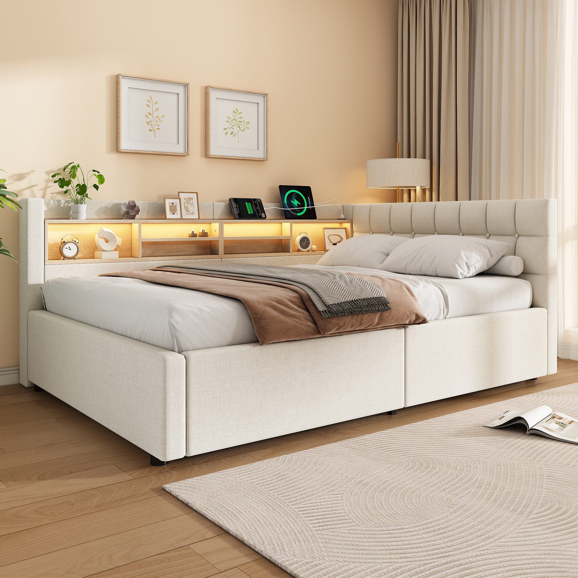 Merax Daybett mit LED-Beleuchtung & USB-Anschluss, Polsterbett mit Leinenbezug (Schlafsofa Jugendbett, 1 tlg), Tagesbett 140x200cm mit hydraulischem Stauraum &  – Bild 3 von 5