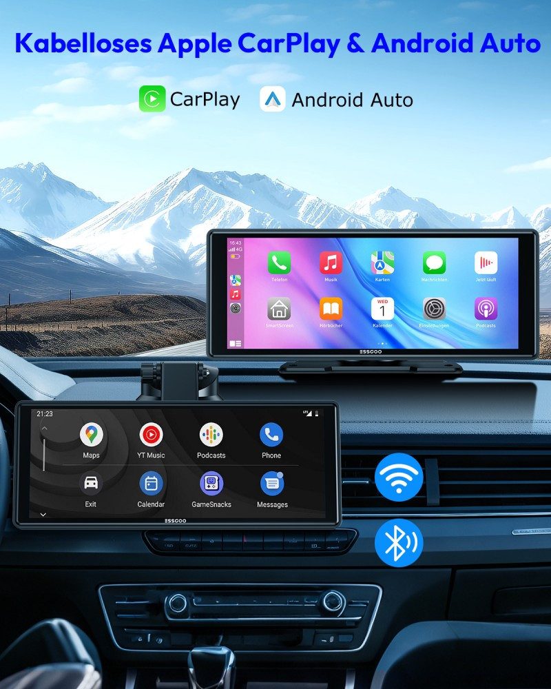 ESSGOO 10.26" Autoradio Kabellos Tragbar Apple CarPlay & Android Auto Einbau-Navigationsgerät (Autoradio Bluetooth Sprachsteuerung)