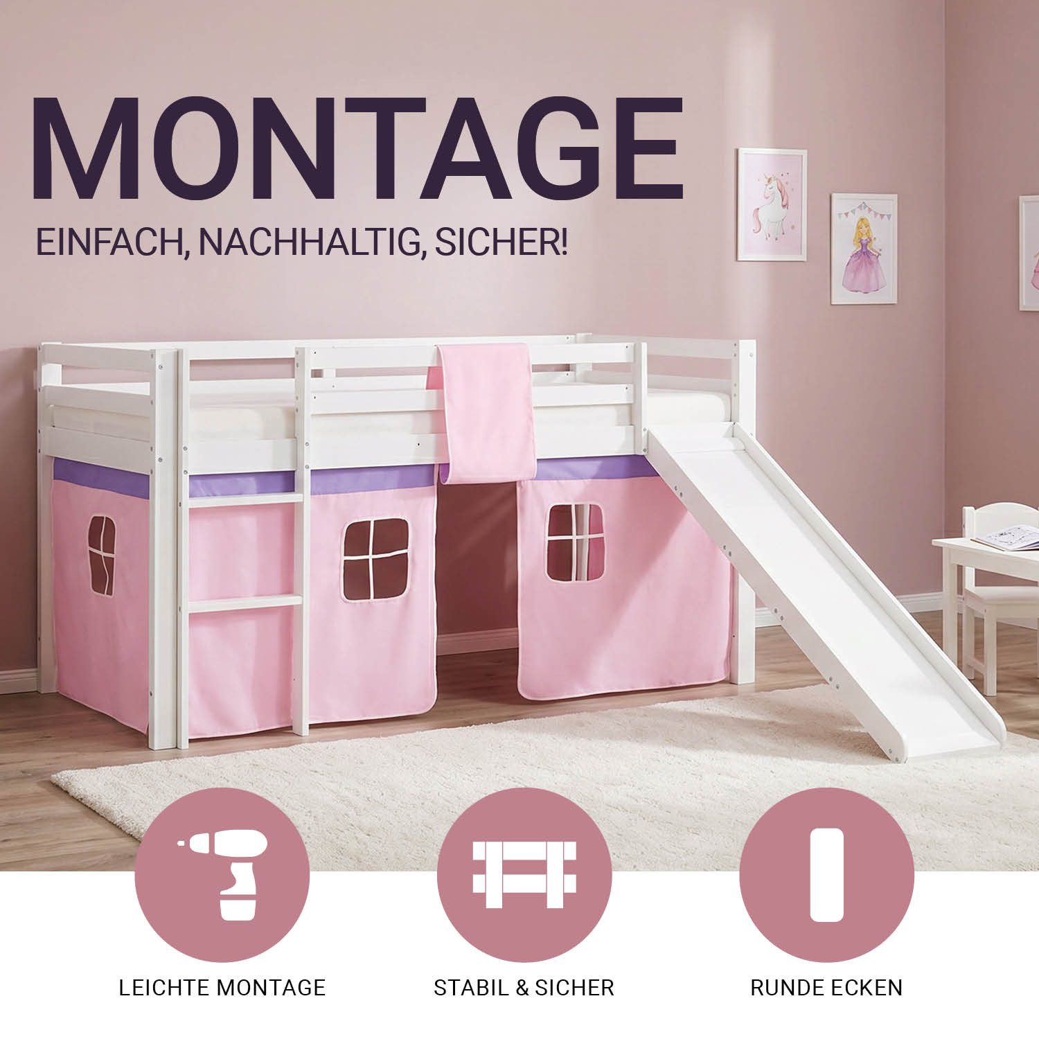 Homestyle4u Hochbett 90x200 Kinderbett mit Leiter und Vorhang Weiß Rosa Holz Treppe Kinder (Set, mit Lattenrost, Rutsche, Spielbett) Kiefer, Jungen Mädchen