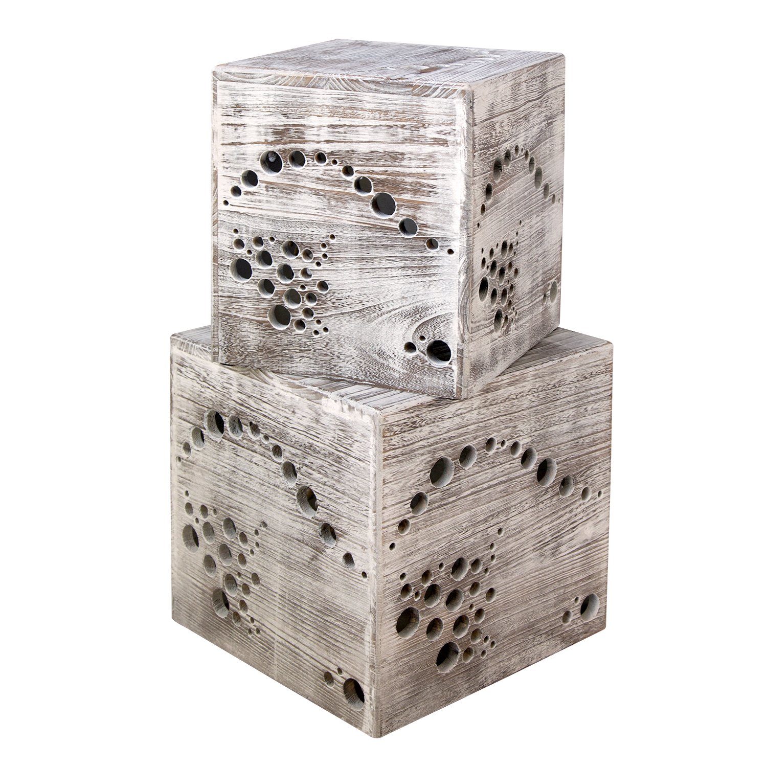 Homestyle4u Beistelltisch je 45x45x45 Hocker Holz Würfel Grau Wohzimmer Löcher Motiv Shabby (Set, 2-St., 2 Tische)