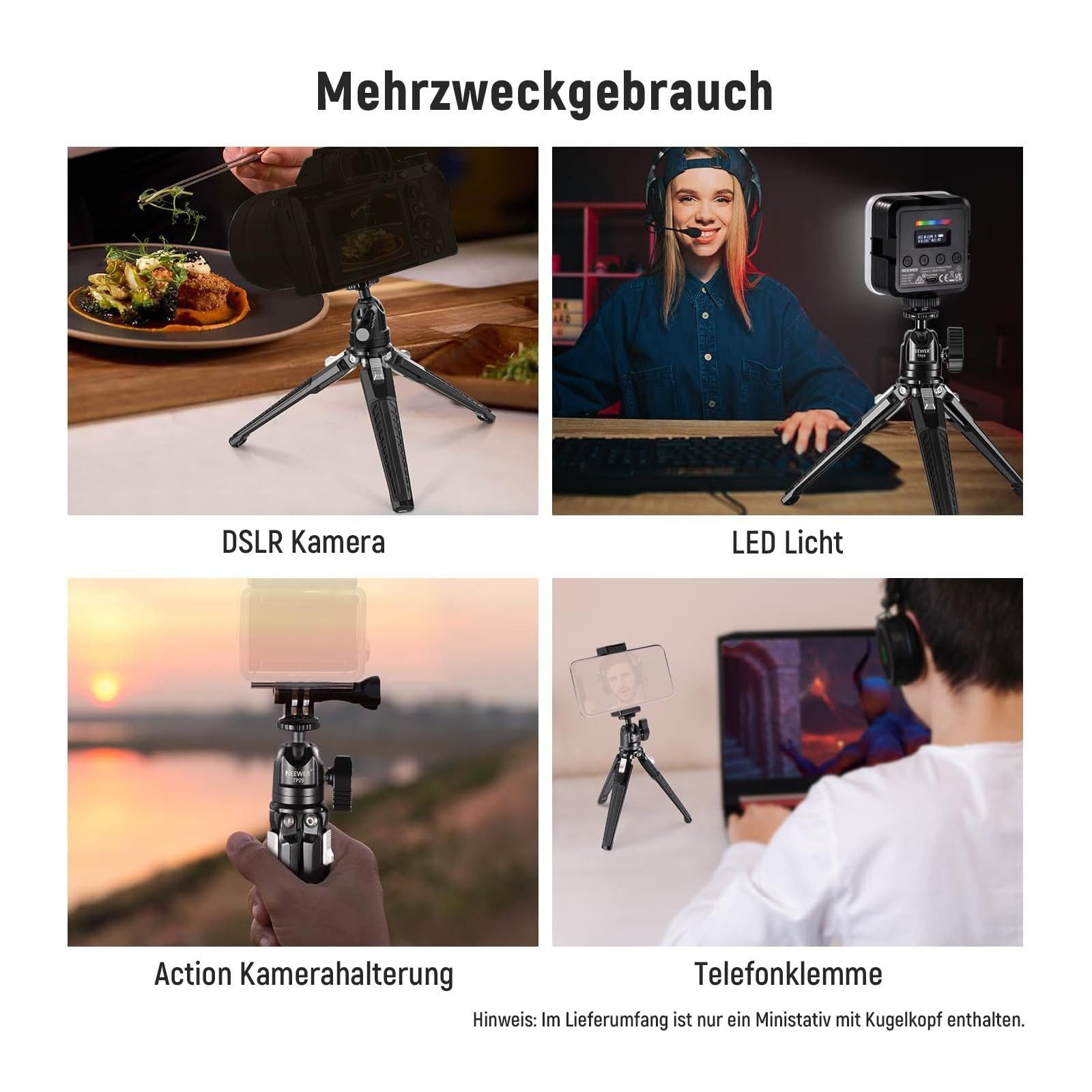 Neewer TP29 Mini Tischstativ mit 360° Kugelkopf für Kamera & Handy, max. 3kg Ministativ (höhenverstellbar von 7.5 bis 17.5 cm)