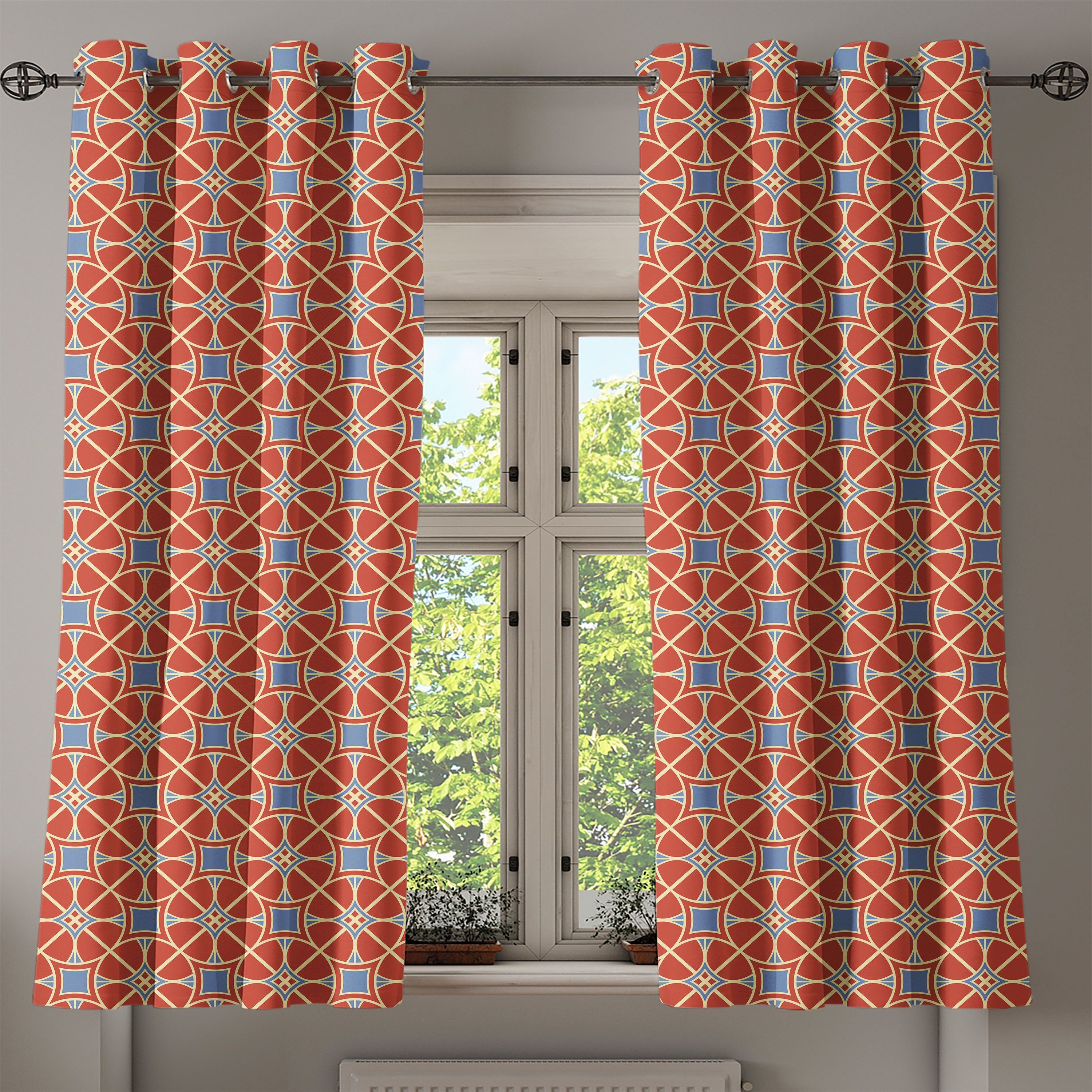 Gardine Dekorative 2-Panel-Fenstervorhänge für Schlafzimmer asiatisch Abakuhaus, Wohnzimmer, Kreise Linien Kurvige Tile