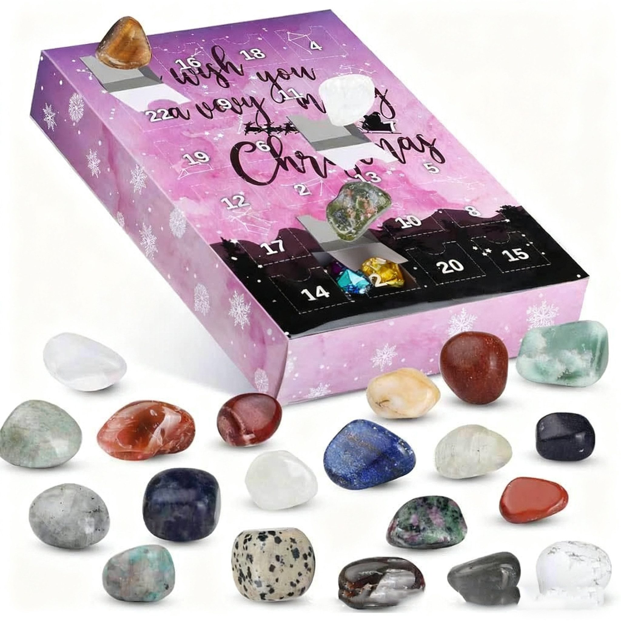 CLTYQ Geschenkbox Adventskalender Frauen natürlicher Kristalle, Weihnachtsdekorationen, 24 Chakra-Kristallen,Sammeln Geschenkidee für Erwachsener und Kinder