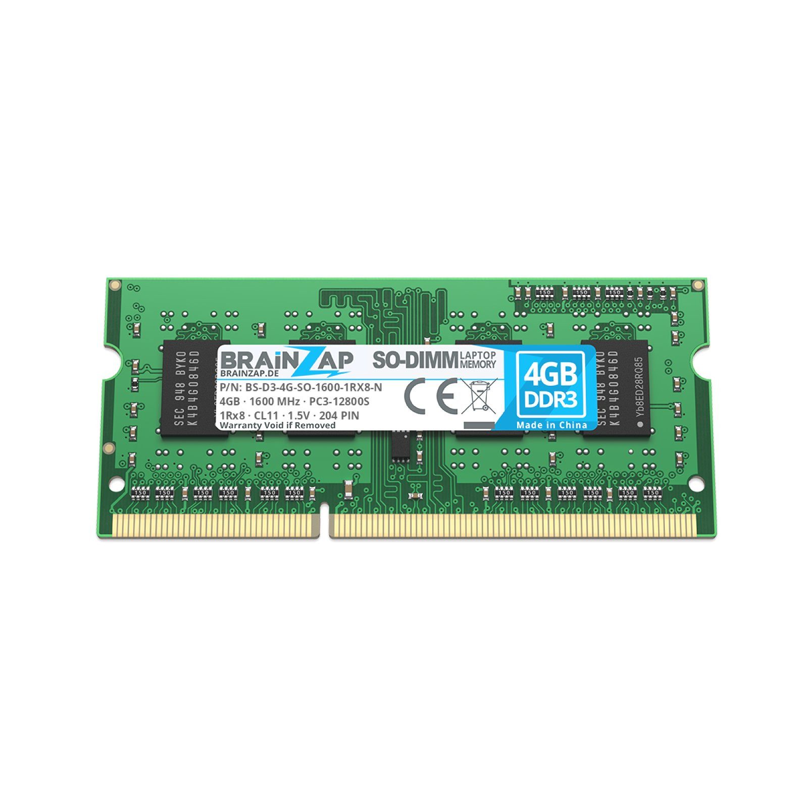 BRAINZAP 4GB RAM PC3-12800S-11 SO-DIMM Laptop-Arbeitsspeicher (1600 MHz, CL11, 1Rx8, Non-ECC, Unbuffered, für Notebooks - Intel und)