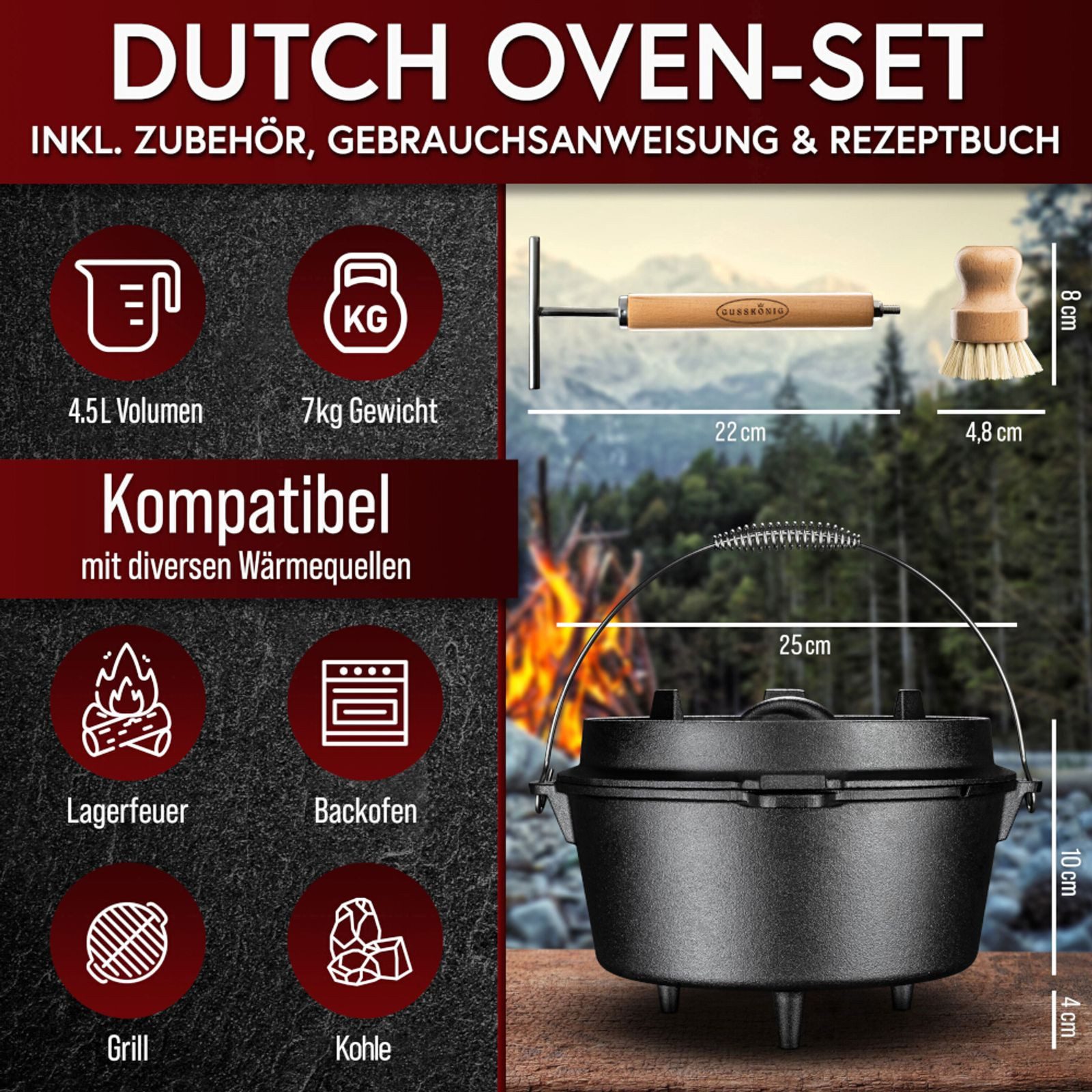 GUSSKÖNIG Grilltopf Dutch Oven 4,5 l mit Füßen mit 2in1 Deckelheber & Bürste, Gusseisen