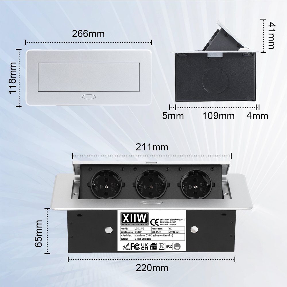XERSEK 1.8m Kabel + Netzteil Versenkbar Einbausteckdose Tischsteckdose 230V Einbau-Tischsteckdosenleiste (3-Fach 3500W/16A Tischplatte Bodensteckdose Pop-up), Aluminium Steckdosenleiste für Möbel, Büro, Küche