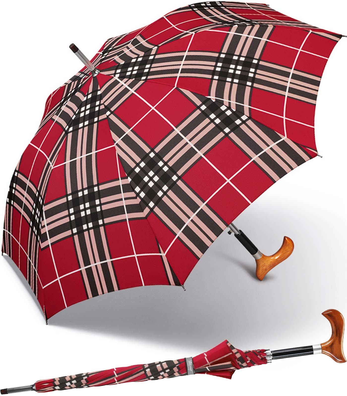 happy rain® selection Stockregenschirm Stützschirm mit Auf-Automatik - Länge 86 cm, Holz-Fritzgriff, rot kariert - check red