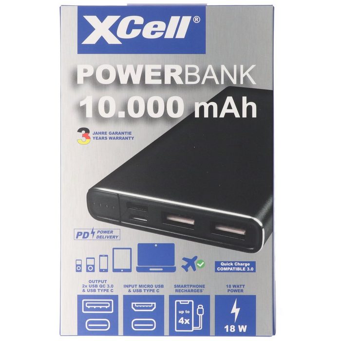 XCell Li-Polymer Powerbank 10000mAh USB Type C und 2x QC Powerbank