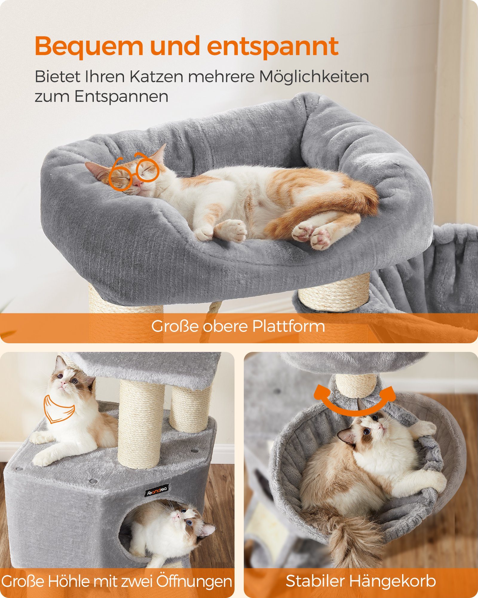 FEANDREA Kratzbaum 141 / 160/186 cm (H), Katzenbaum, für große katzen, 13 dicken Säulen (11 cm d), stabil, Kippschutz